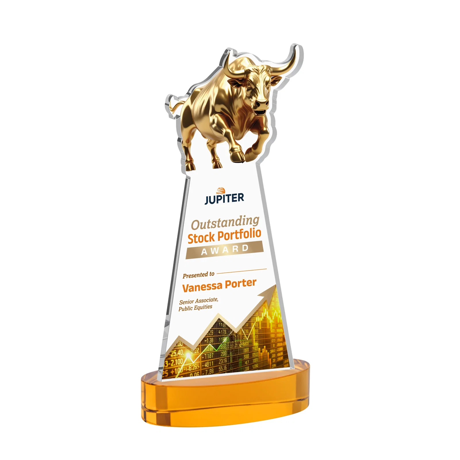 Branded Starfire Crystal Award With a Gold Bull Cutout for donor appreciation