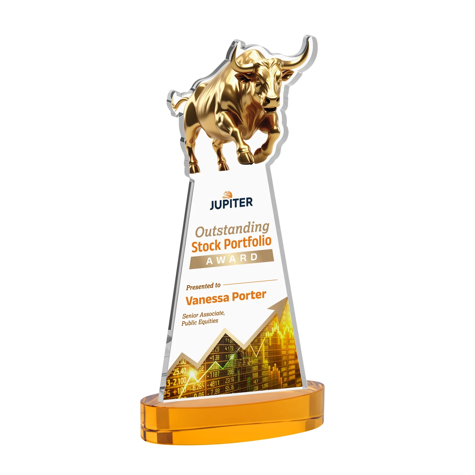 Branded Starfire Crystal Award With a Gold Bull Cutout for graduation ceremonies