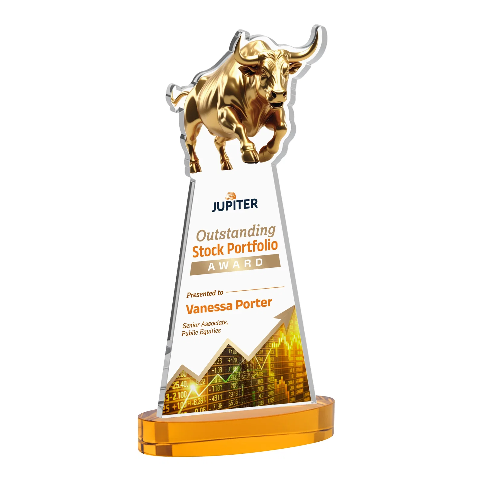 Branded Starfire Crystal Award With a Gold Bull Cutout for safety achievement programs