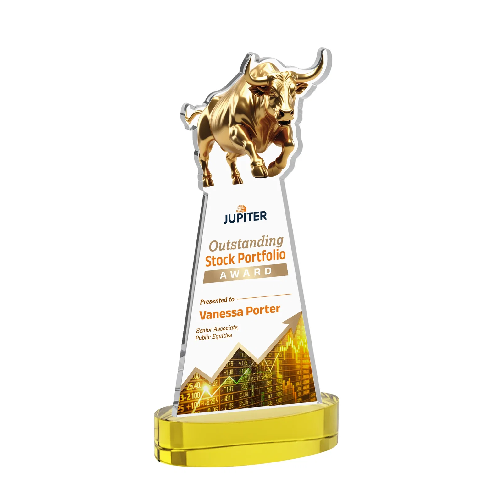 Branded Starfire Crystal Award With a Gold Bull Cutout for dealer and partner awards