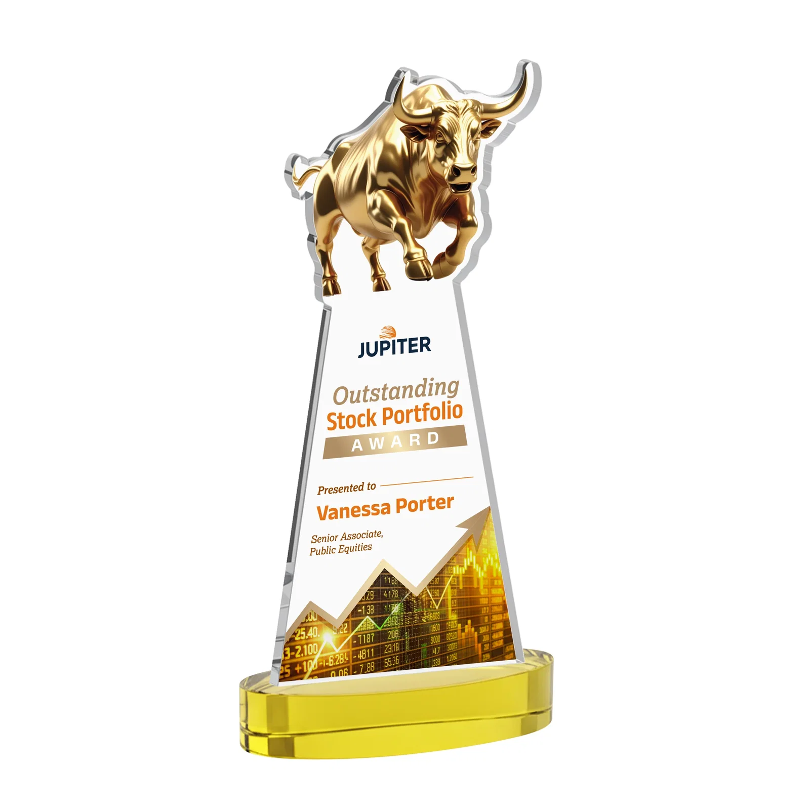 Branded Starfire Crystal Award With a Gold Bull Cutout for company anniversary events