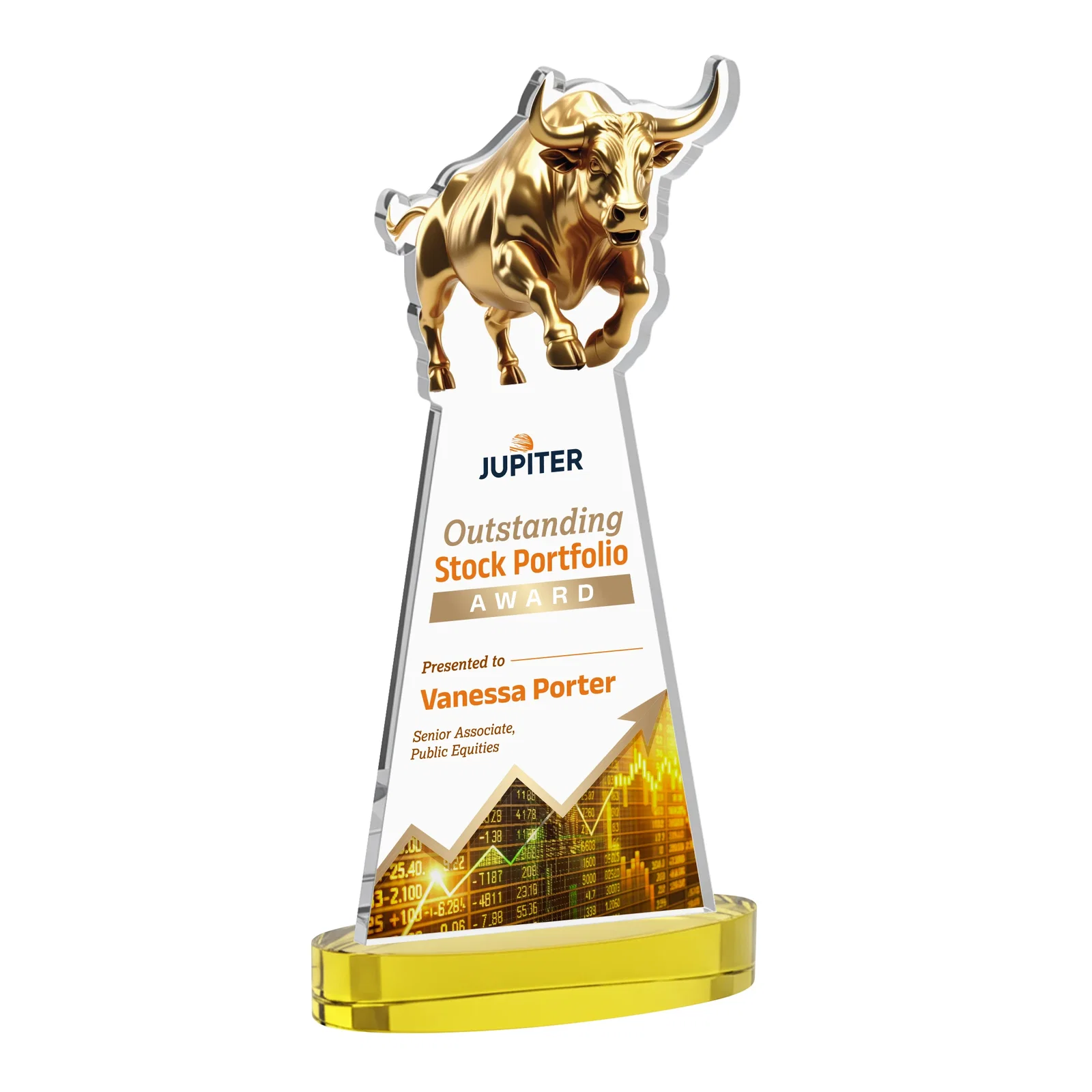 Custom printed Starfire Crystal Award With a Gold Bull Cutout for employee recognition