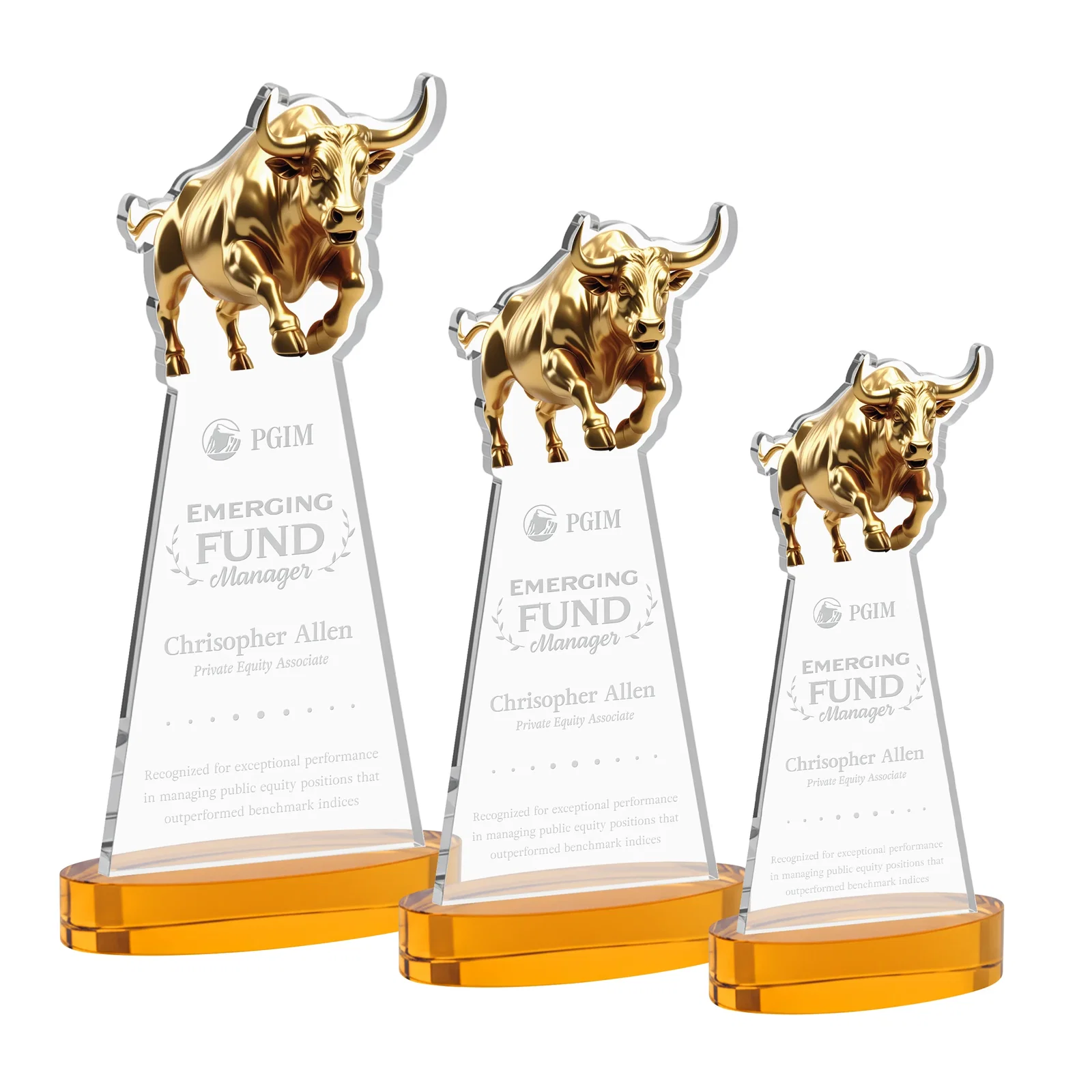 Custom Starfire Crystal Award With a Gold Bull Cutout for team milestone celebrations