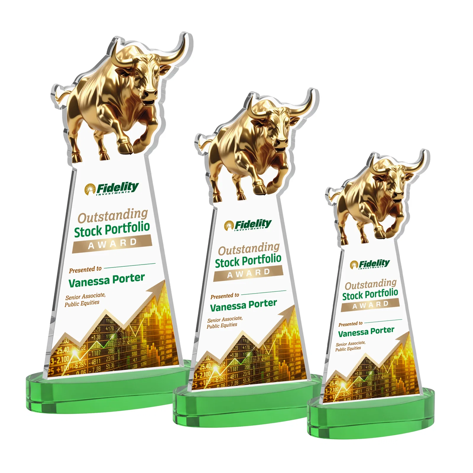 Custom printed Starfire Crystal Award With a Gold Bull Cutout for corporate award ceremonies
