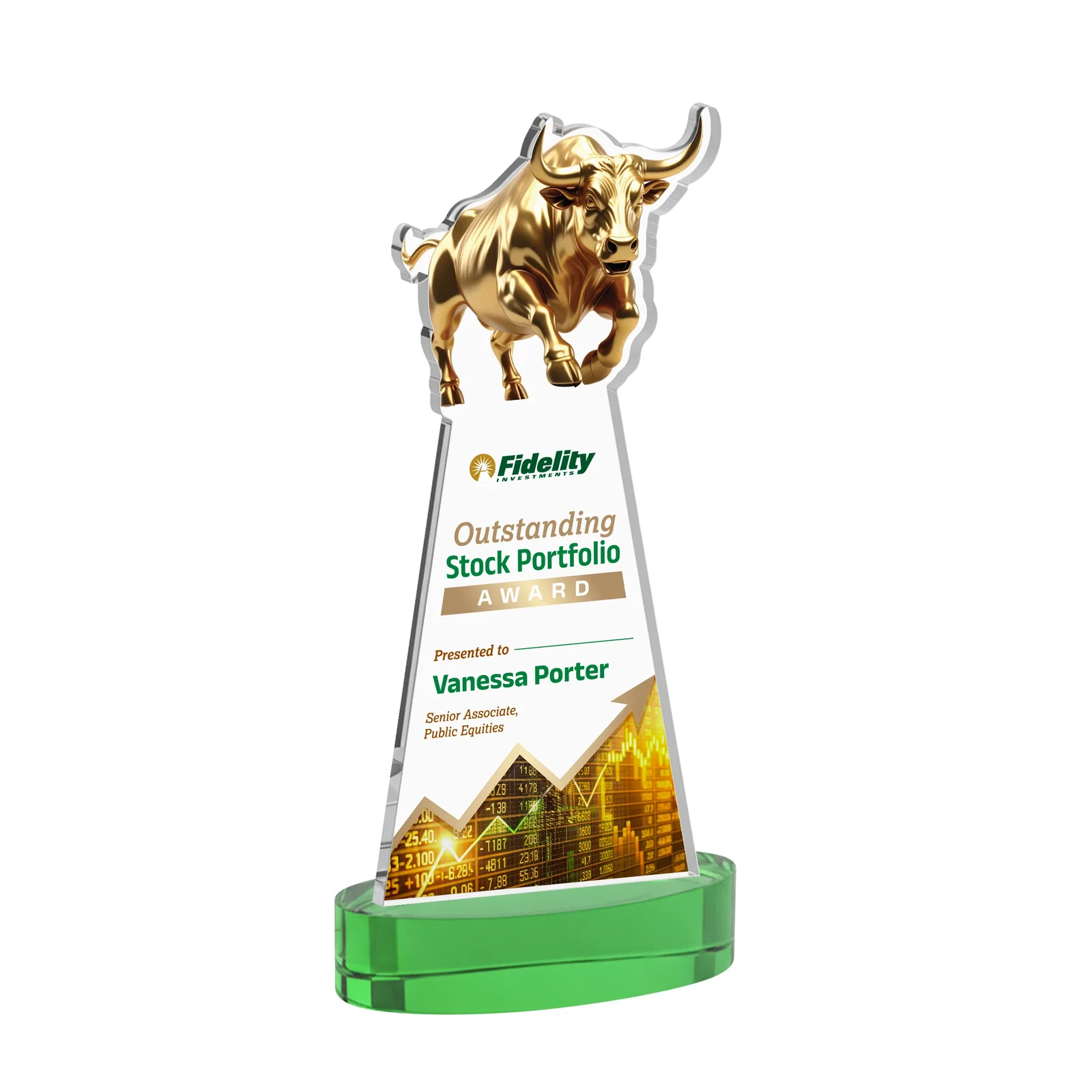 Custom printed Starfire Crystal Award With a Gold Bull Cutout for service anniversary gifts