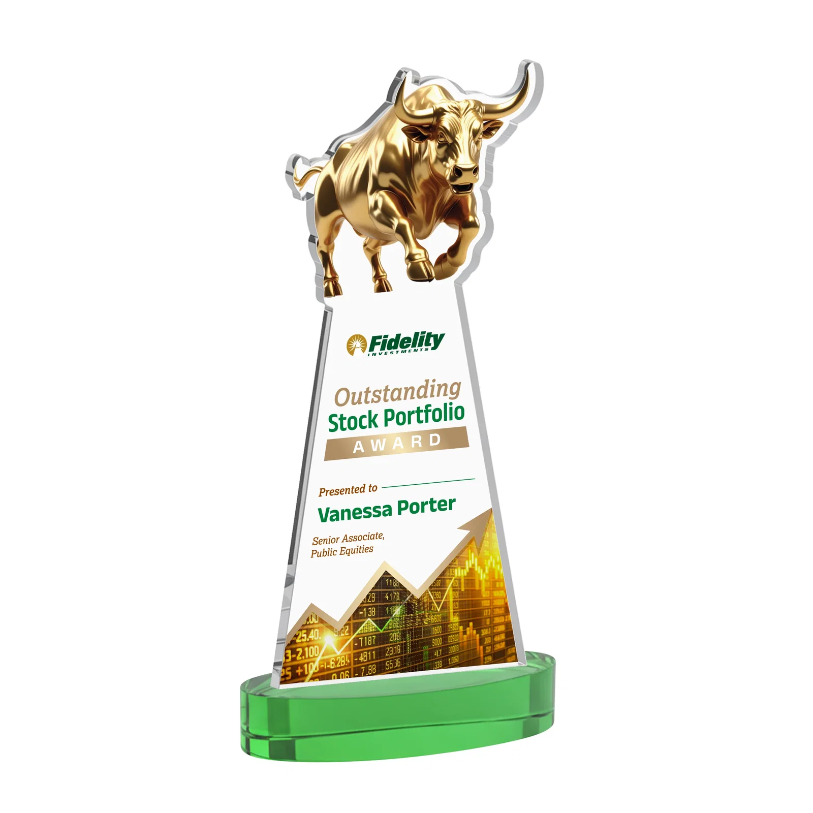 Custom printed Starfire Crystal Award With a Gold Bull Cutout for sales achievement awards