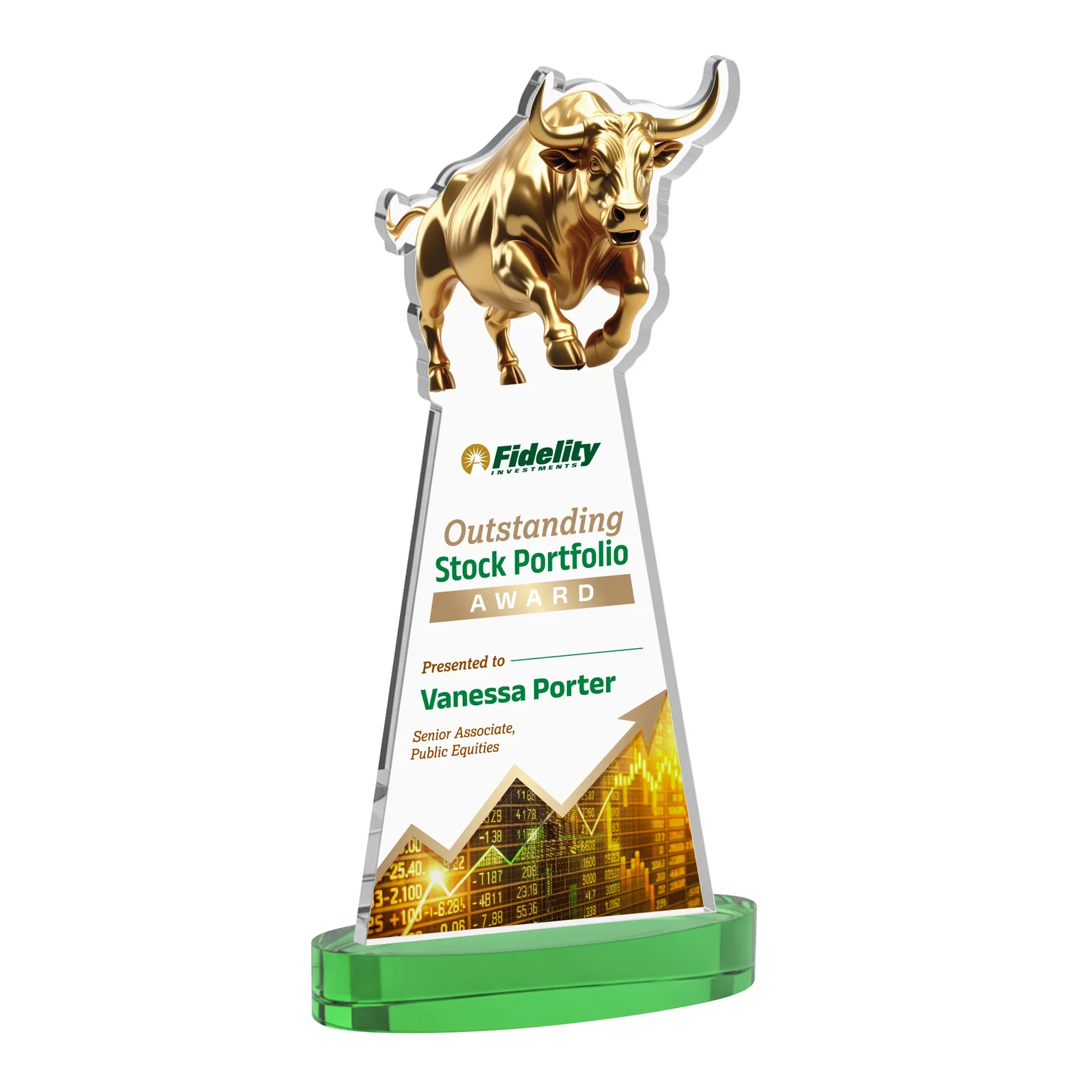 Custom printed Starfire Crystal Award With a Gold Bull Cutout for retirement presentations