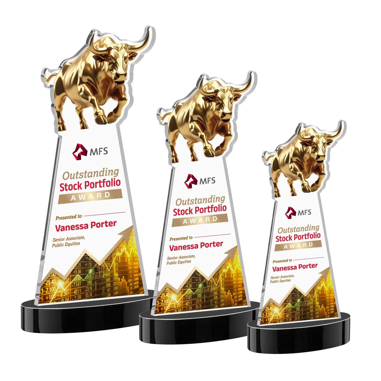 Custom printed Starfire Crystal Award With a Gold Bull Cutout for team milestone celebrations