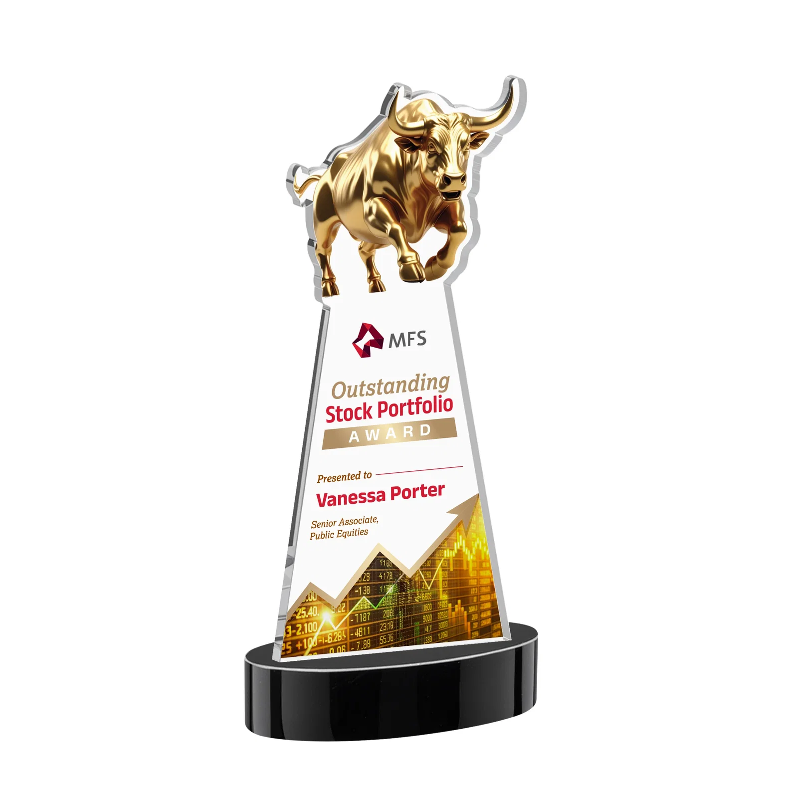 Custom printed Starfire Crystal Award With a Gold Bull Cutout for donor appreciation