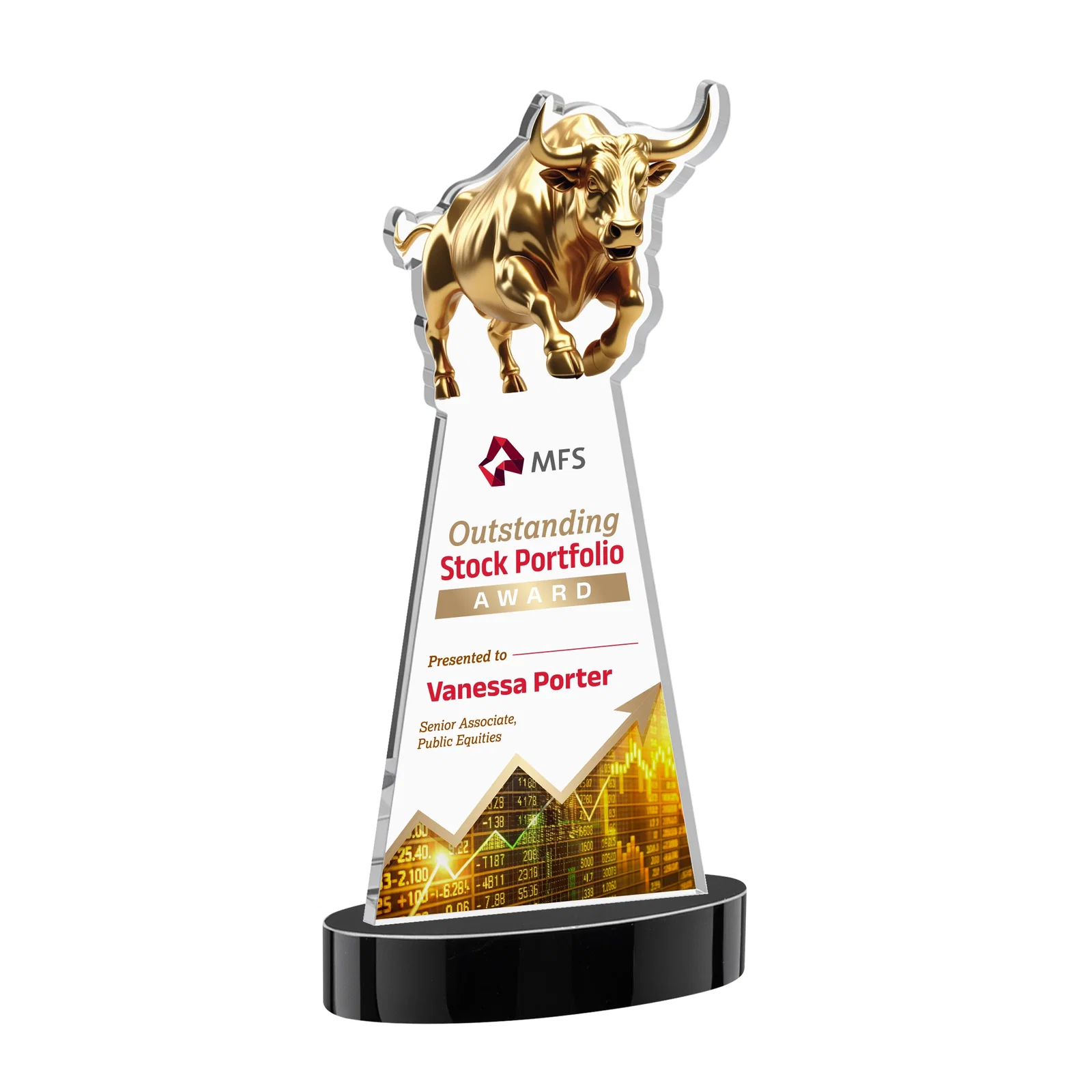 Custom printed Starfire Crystal Award With a Gold Bull Cutout for graduation ceremonies