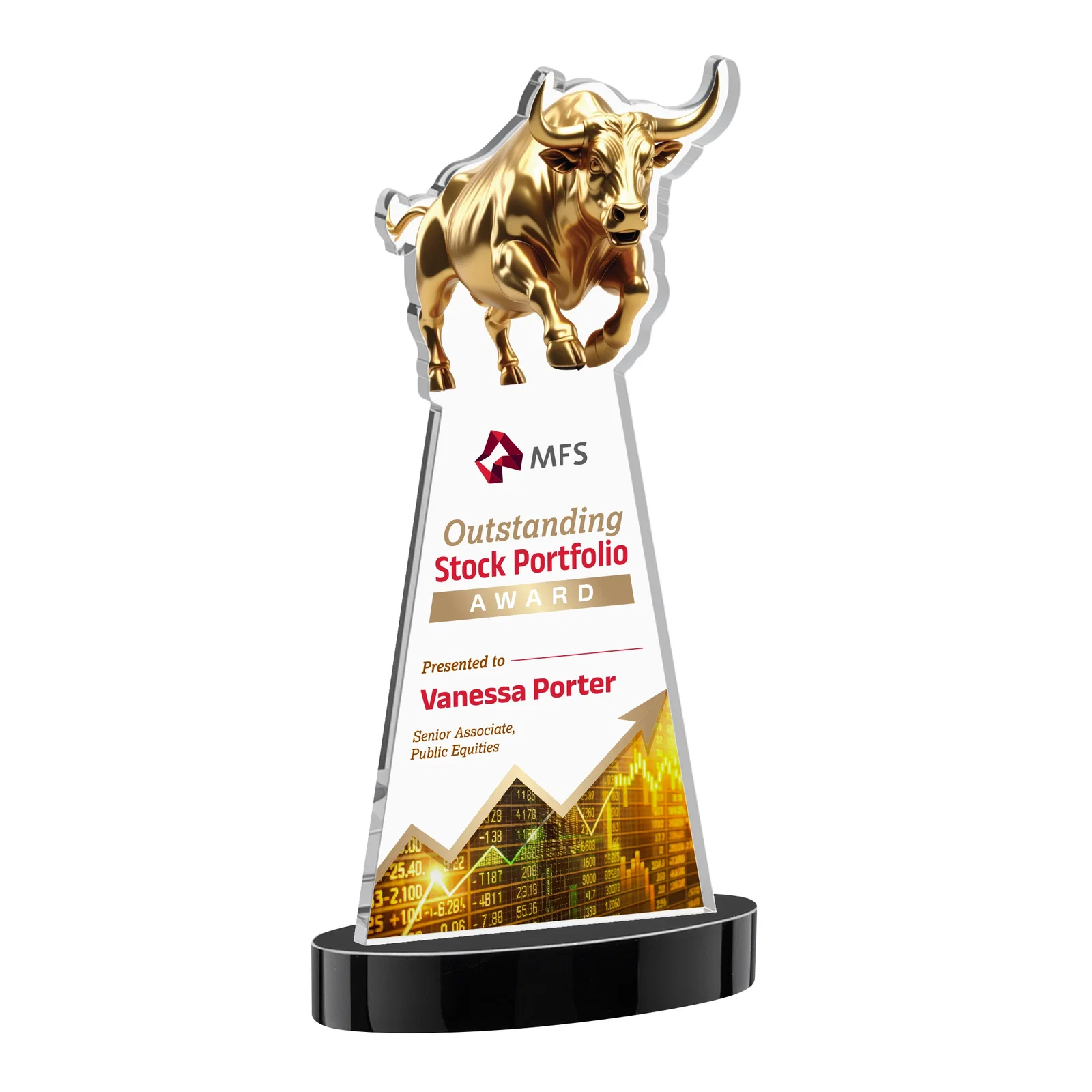 Custom printed Starfire Crystal Award With a Gold Bull Cutout for safety achievement programs
