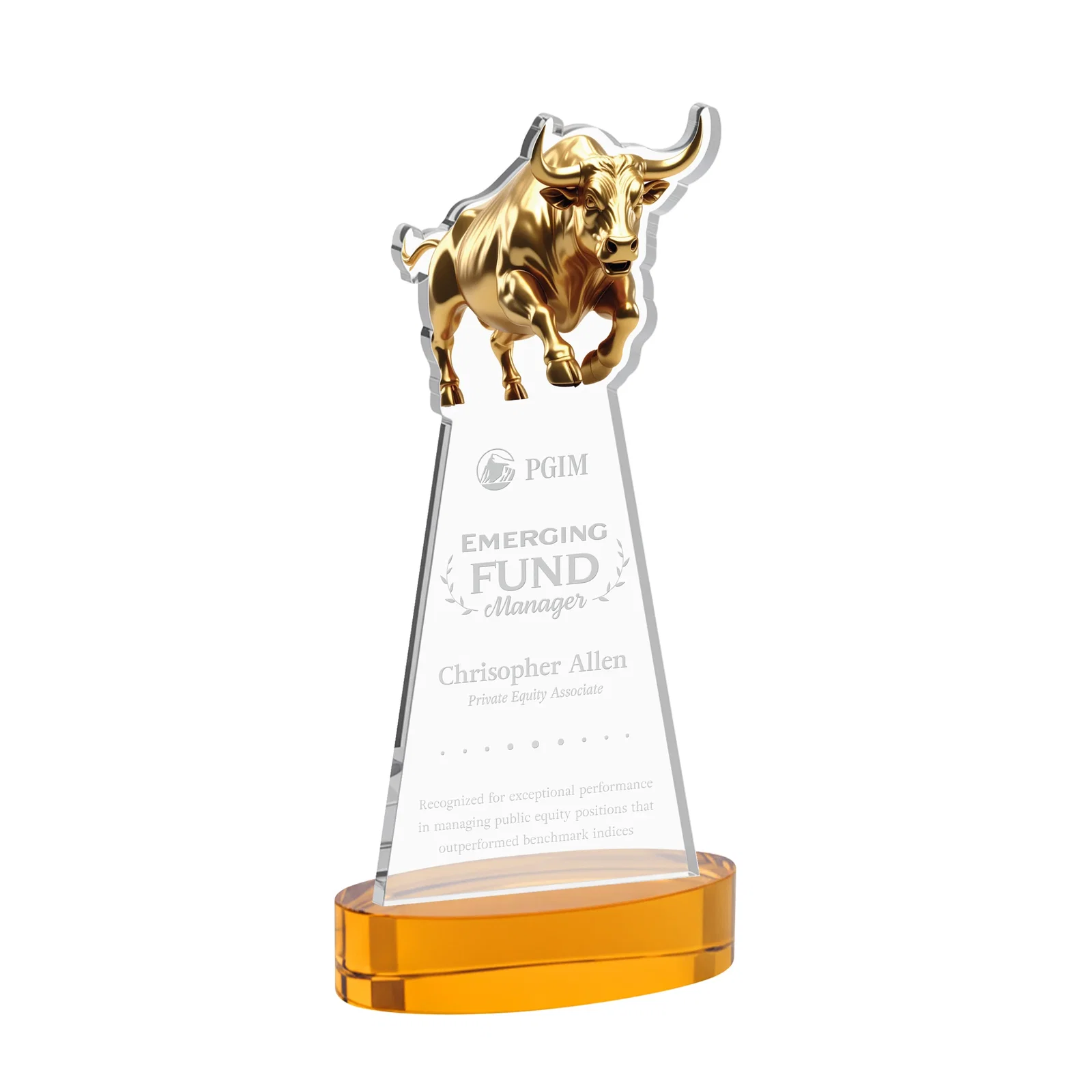 Custom Starfire Crystal Award With a Gold Bull Cutout for donor appreciation