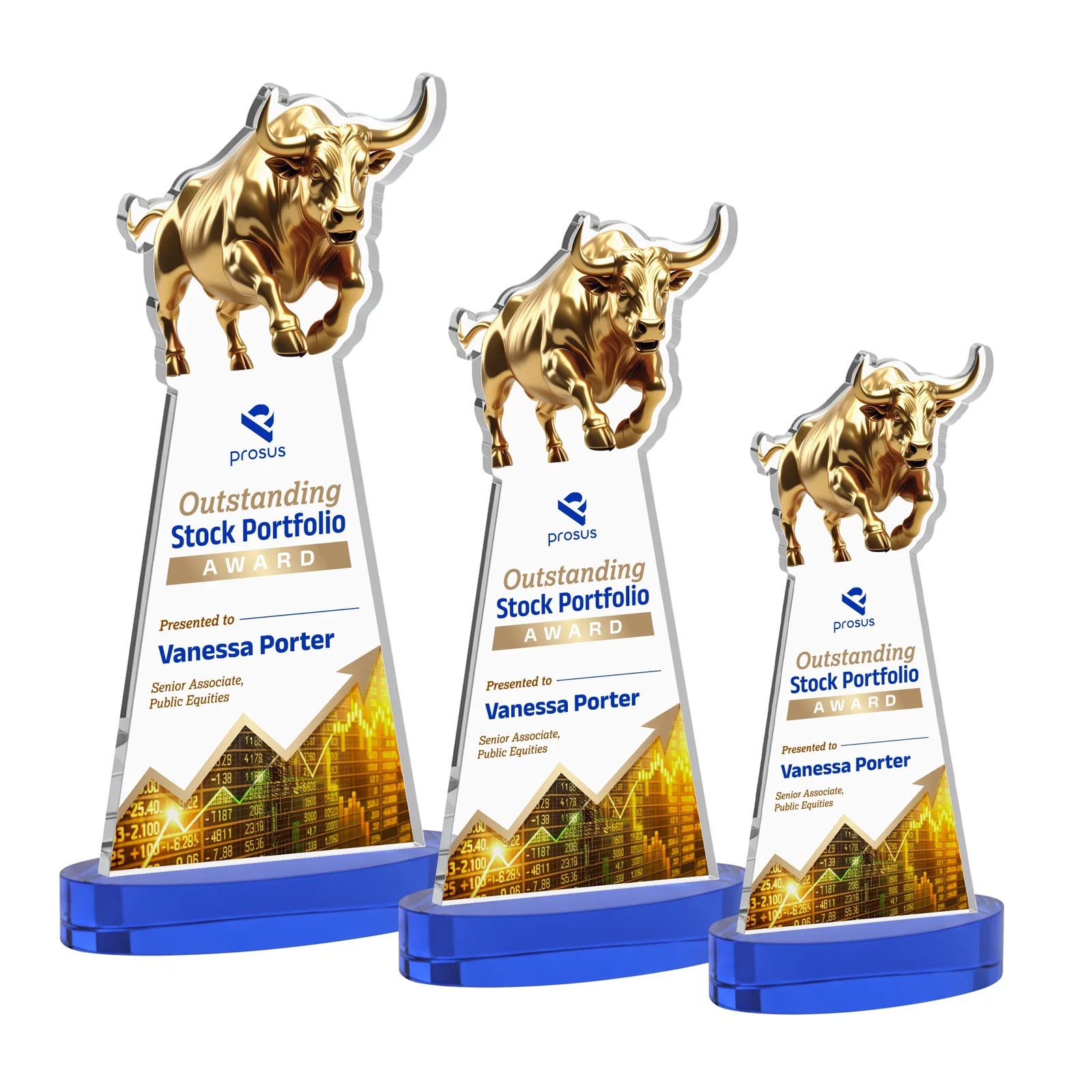 Custom printed Starfire Crystal Award With a Gold Bull Cutout for volunteer appreciation