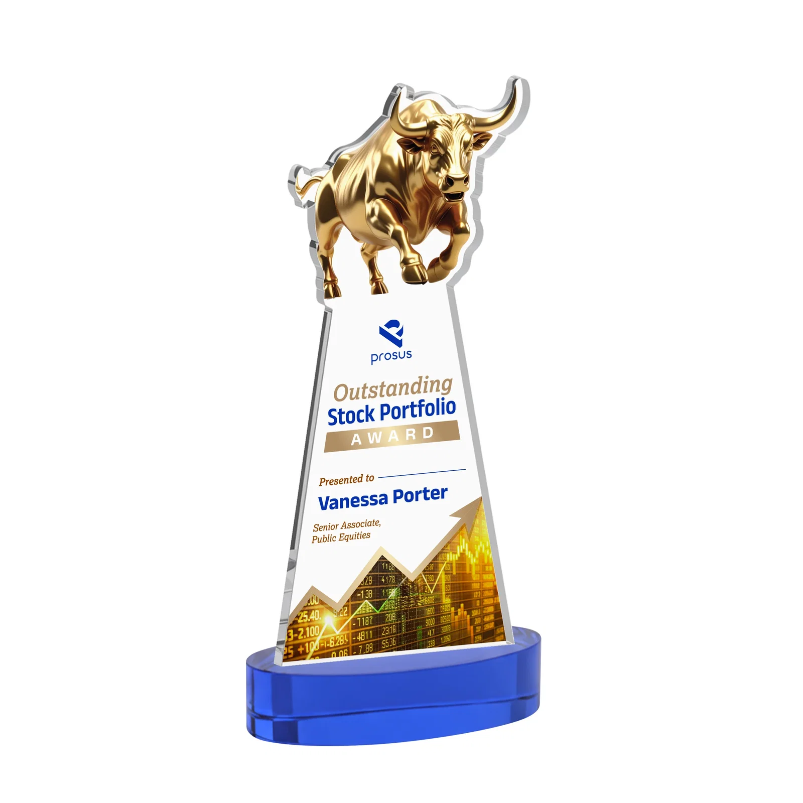 Custom printed Starfire Crystal Award With a Gold Bull Cutout for dealer and partner awards