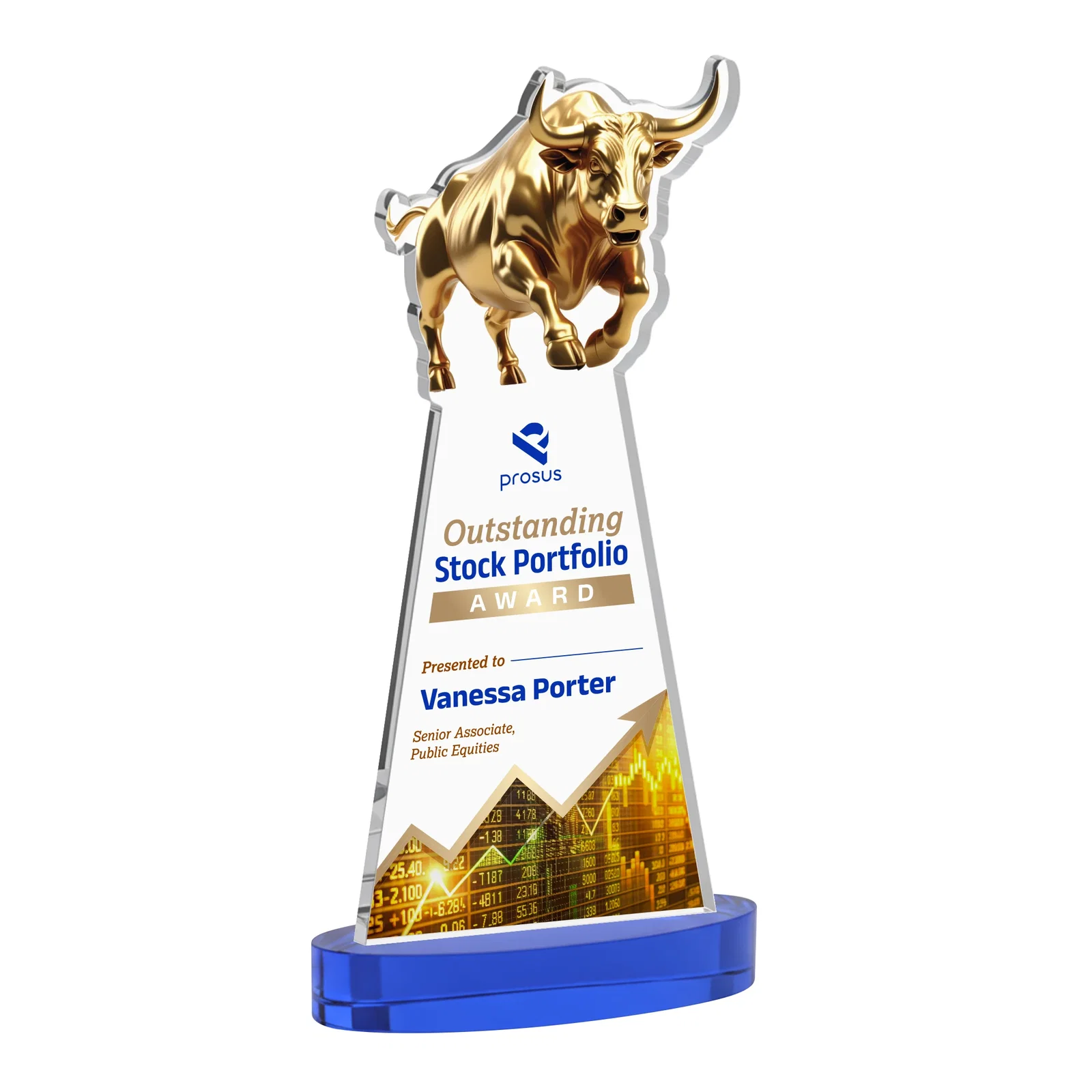 Customized Starfire Crystal Award With a Gold Bull Cutout for employee recognition
