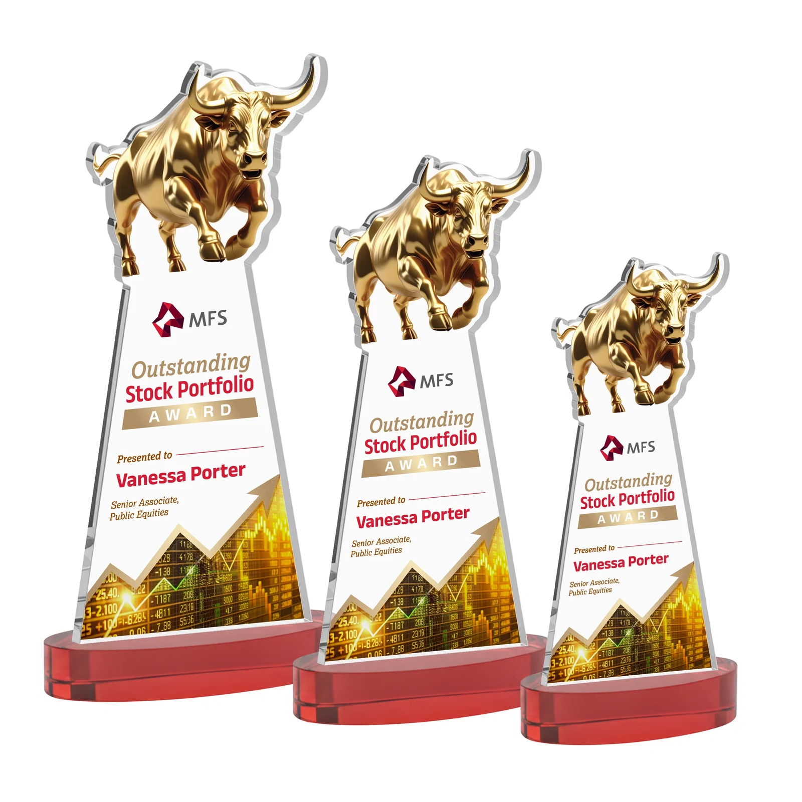 Customized Starfire Crystal Award With a Gold Bull Cutout for corporate award ceremonies