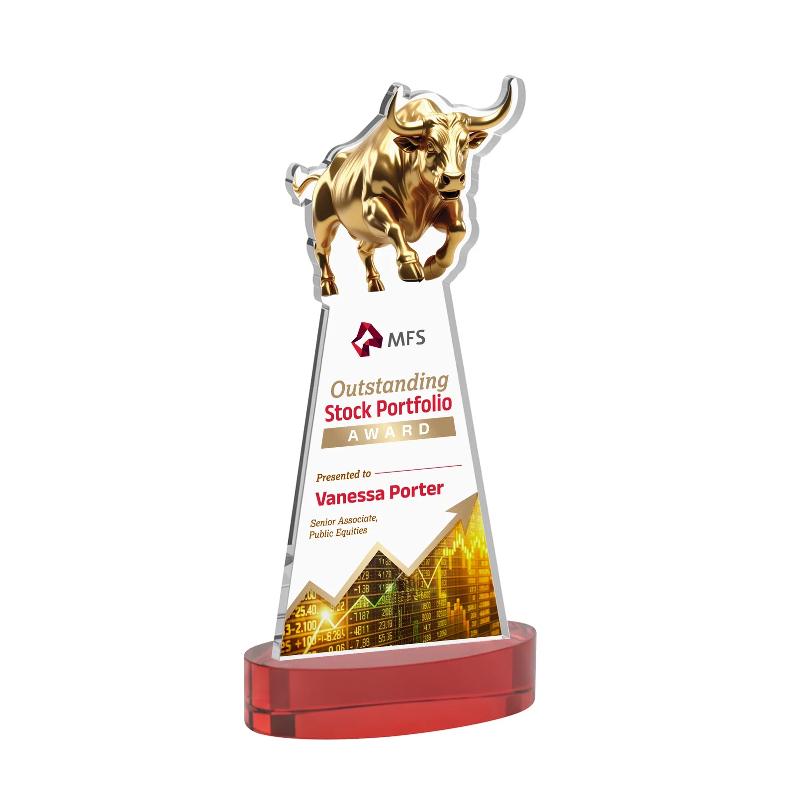 Customized Starfire Crystal Award With a Gold Bull Cutout for service anniversary gifts