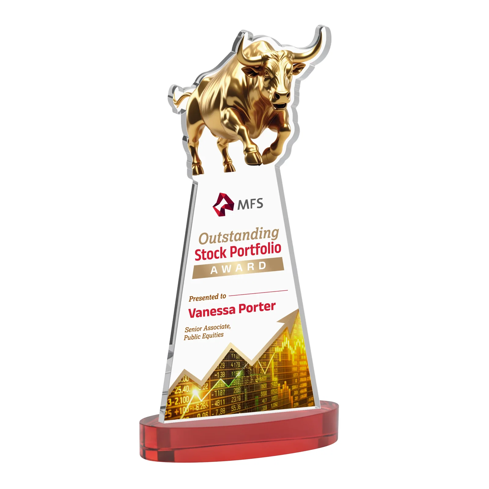 Customized Starfire Crystal Award With a Gold Bull Cutout for retirement presentations
