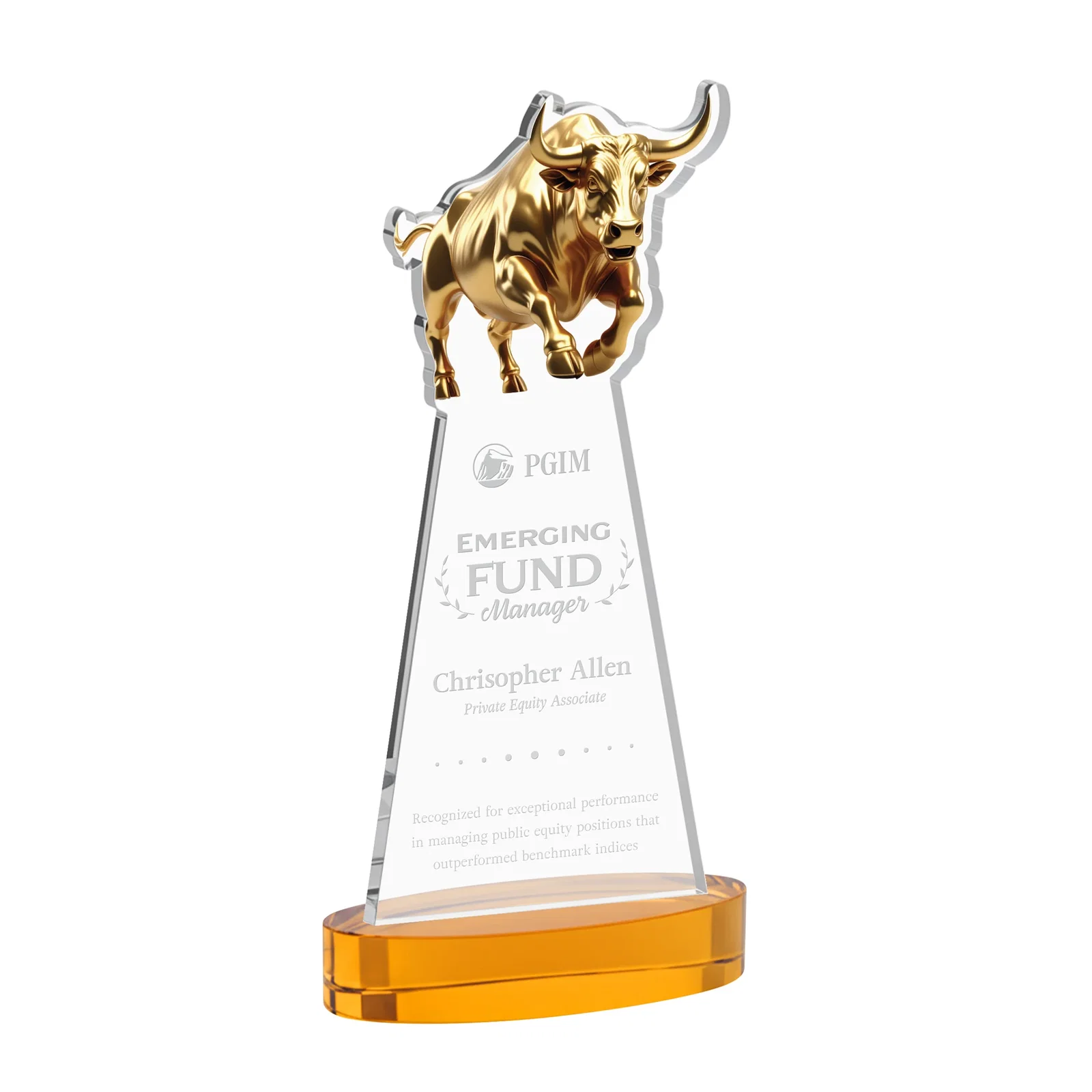 Custom Starfire Crystal Award With a Gold Bull Cutout for graduation ceremonies