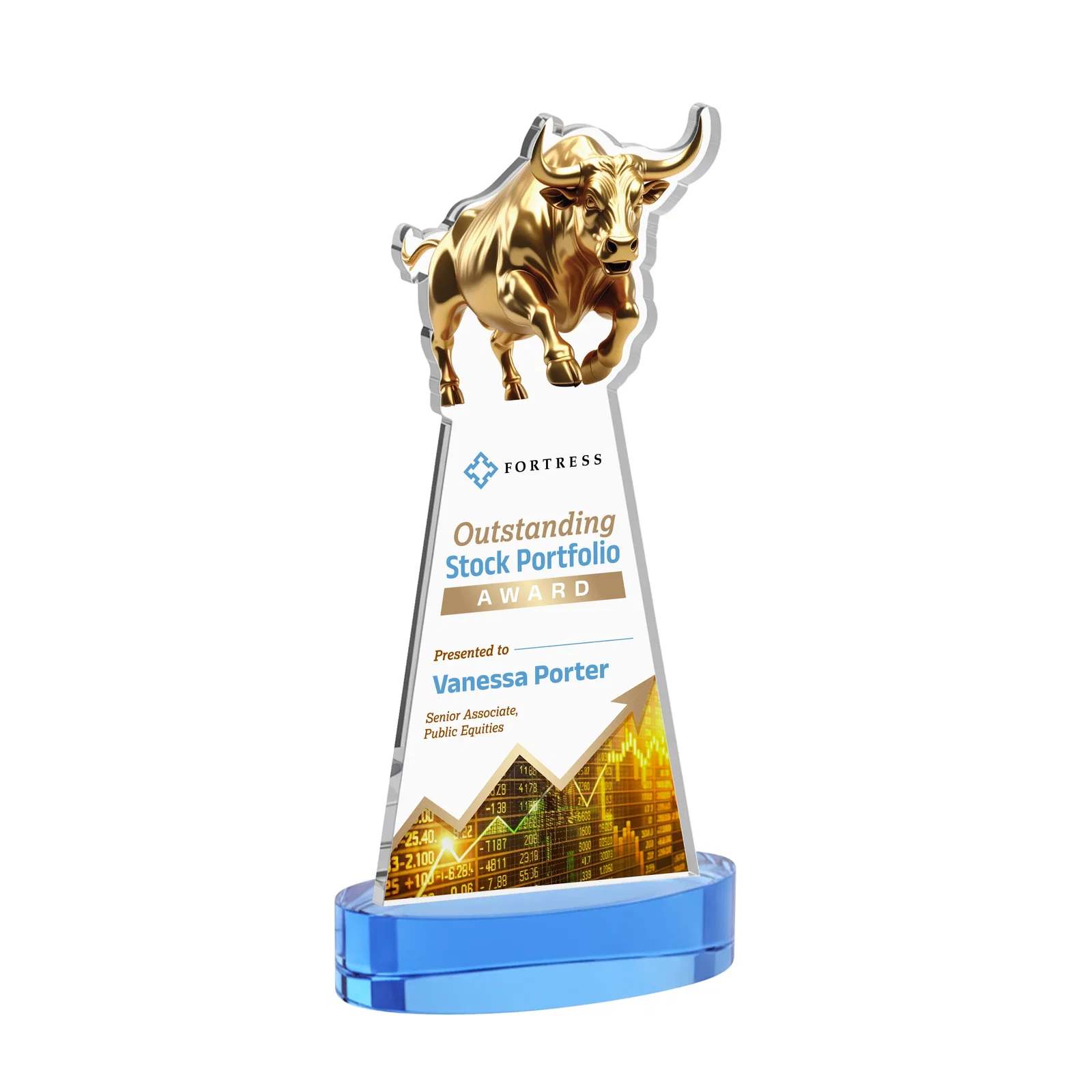 Customized Starfire Crystal Award With a Gold Bull Cutout for donor appreciation
