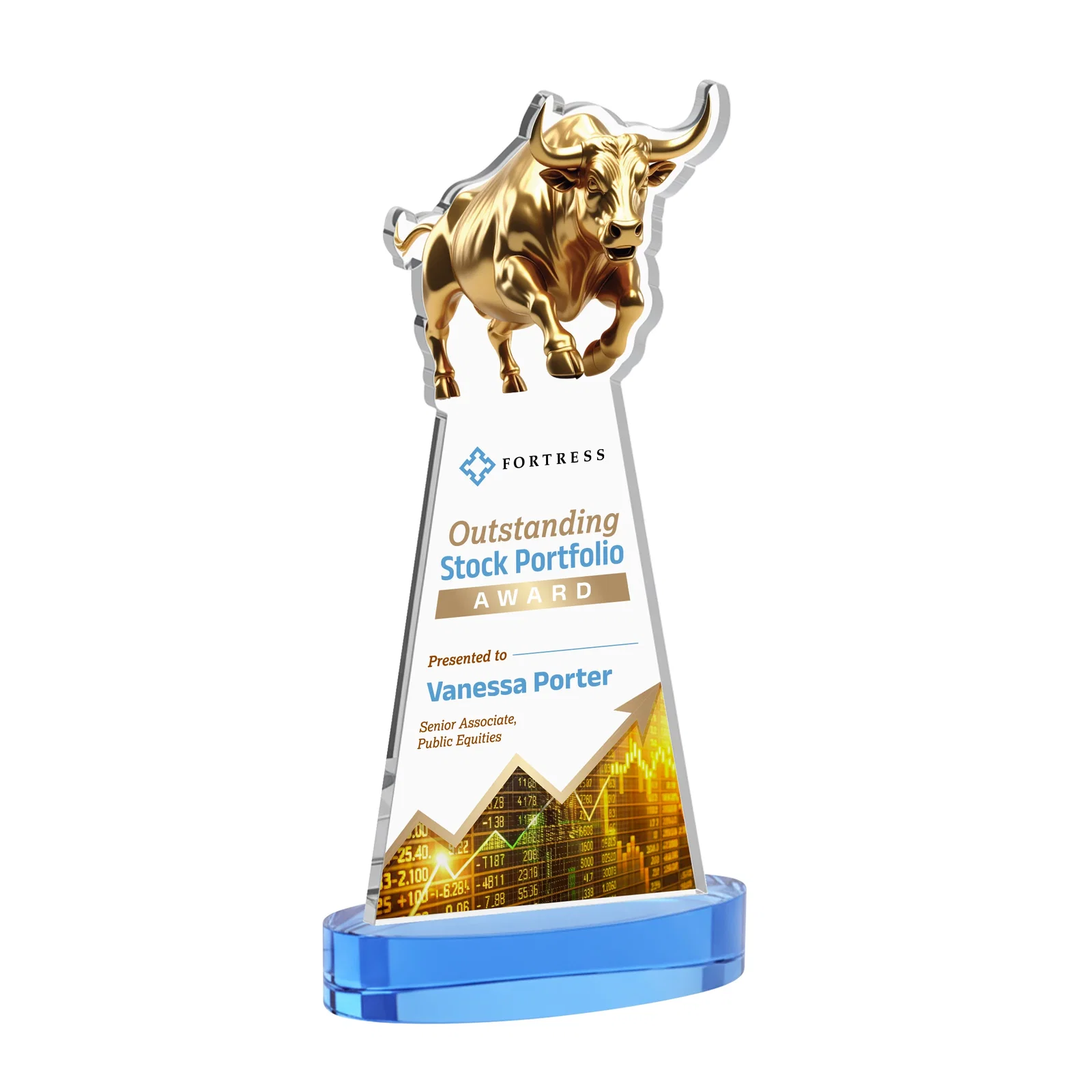 Customized Starfire Crystal Award With a Gold Bull Cutout for graduation ceremonies