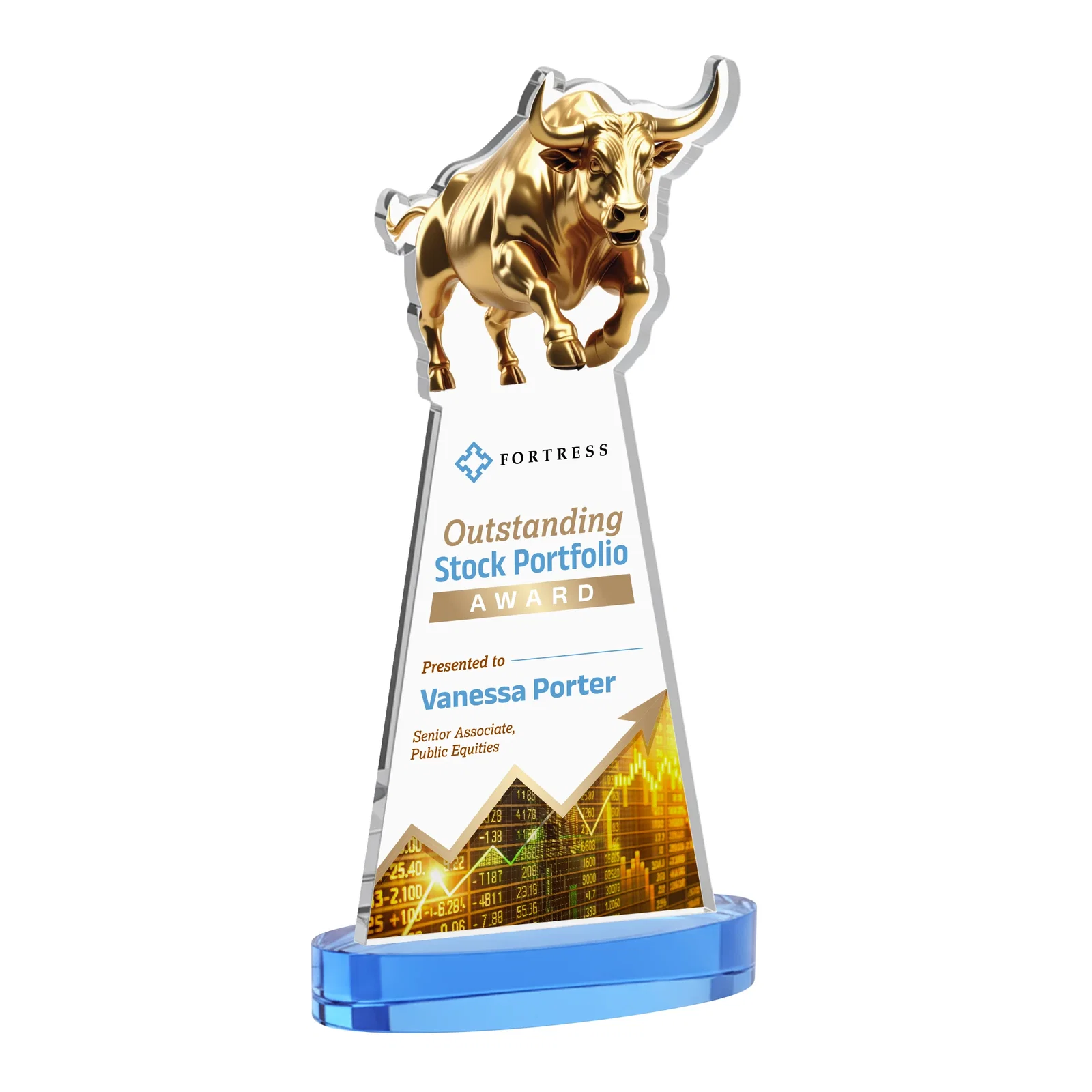 Customized Starfire Crystal Award With a Gold Bull Cutout for safety achievement programs