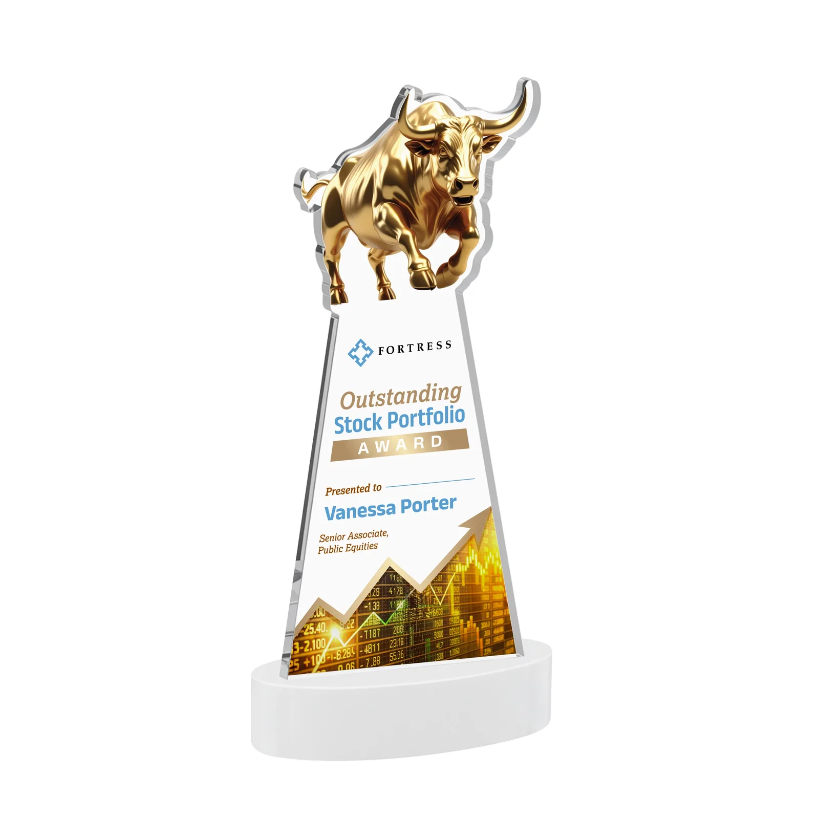 Customized Starfire Crystal Award With a Gold Bull Cutout for dealer and partner awards