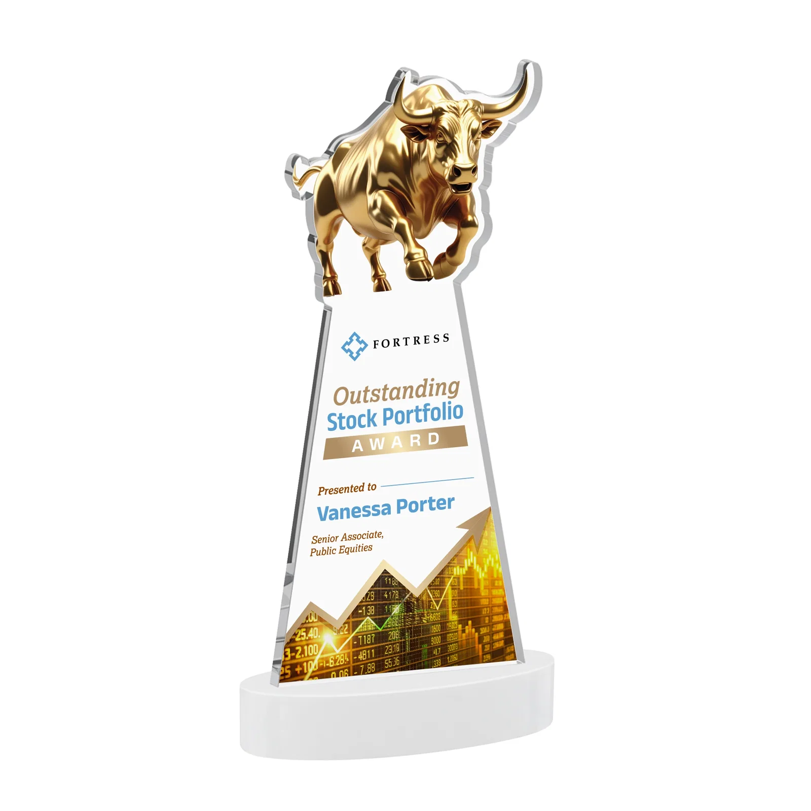 Customized Starfire Crystal Award With a Gold Bull Cutout for company anniversary events