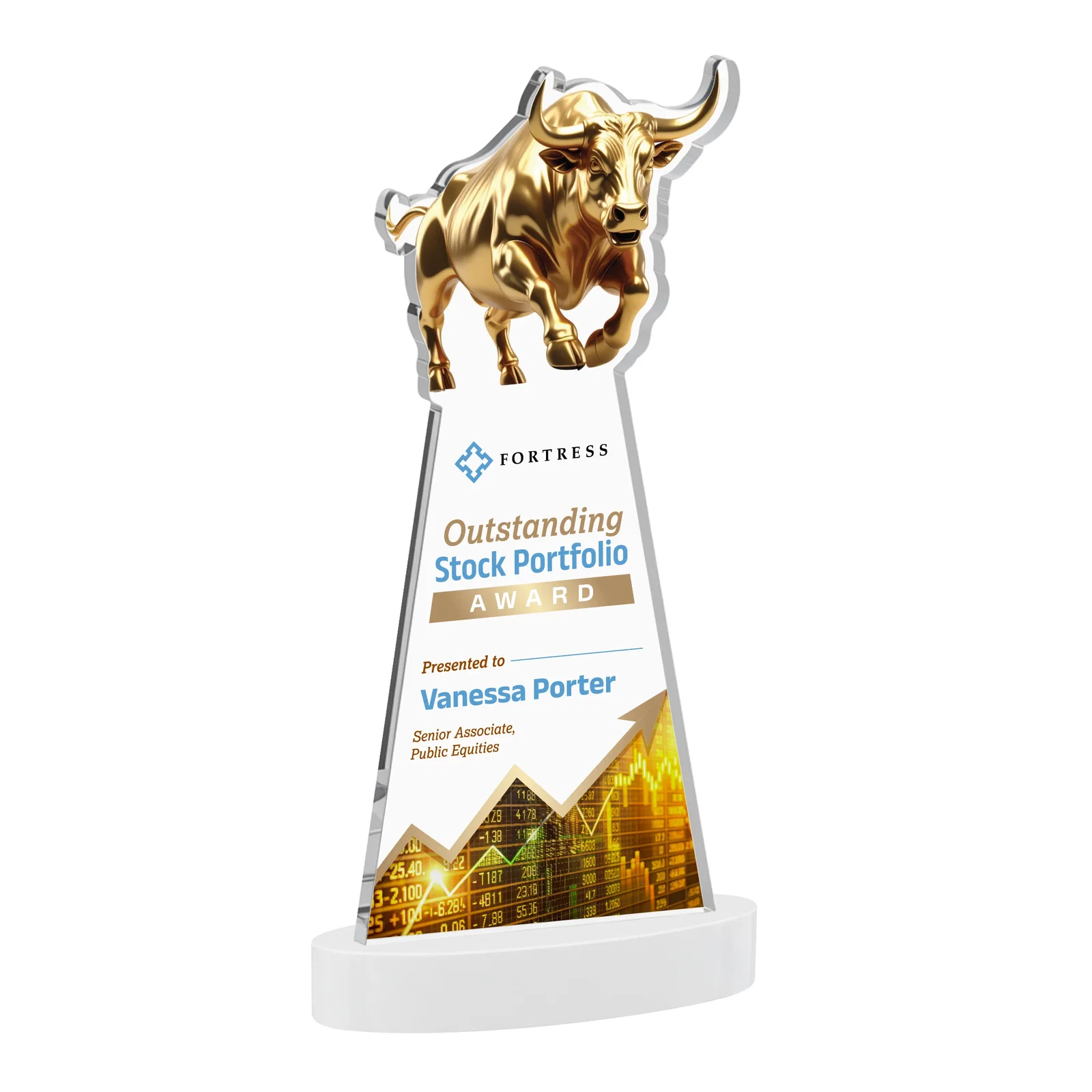 Custom engraved Starfire Crystal Award With a Gold Bull Cutout for employee recognition