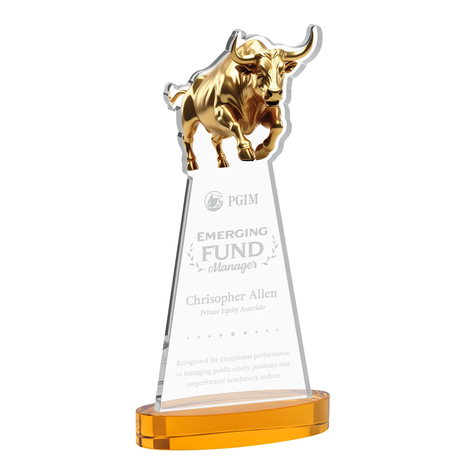 Custom Starfire Crystal Award With a Gold Bull Cutout for safety achievement programs