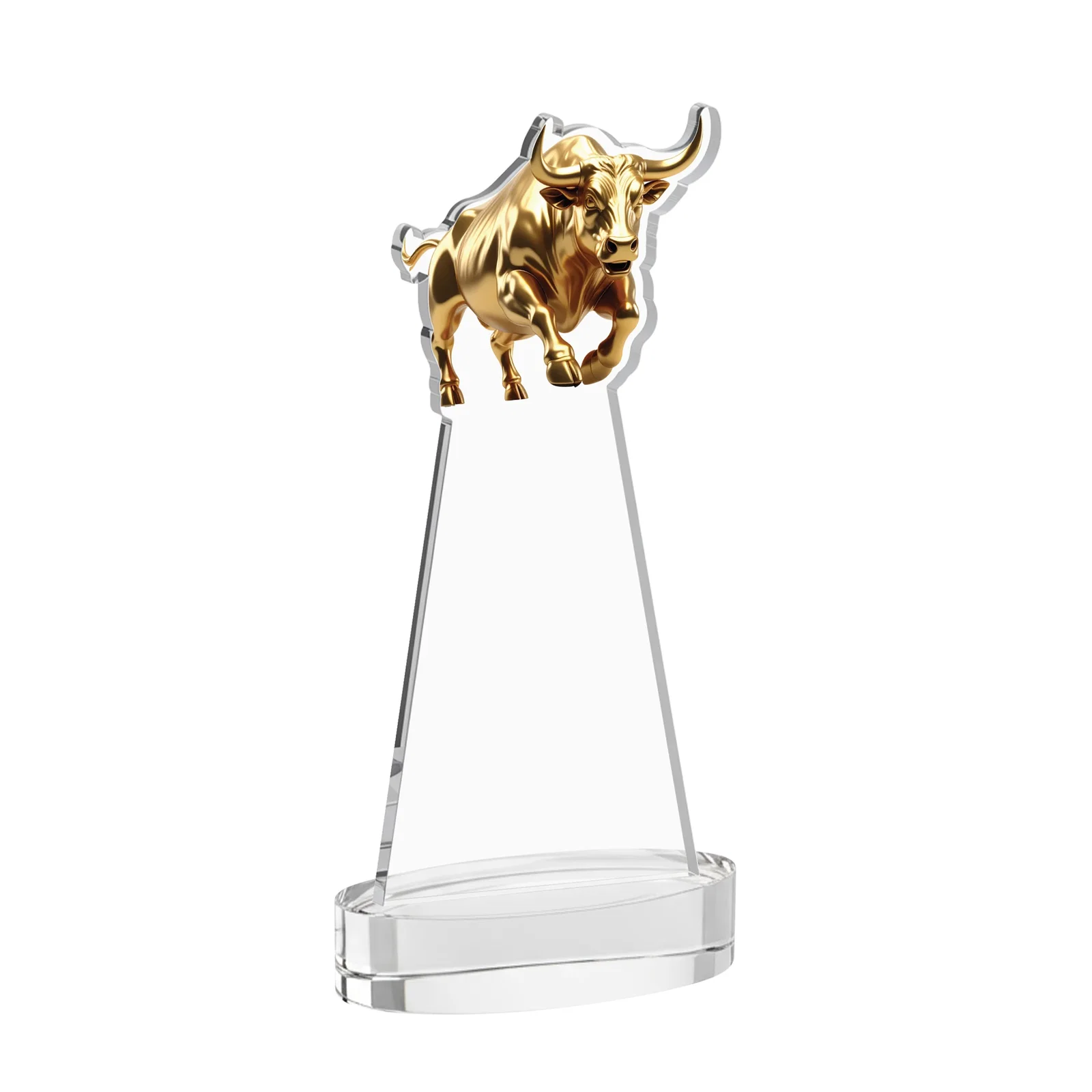 Custom engraved Starfire Crystal Award With a Gold Bull Cutout for corporate award ceremonies