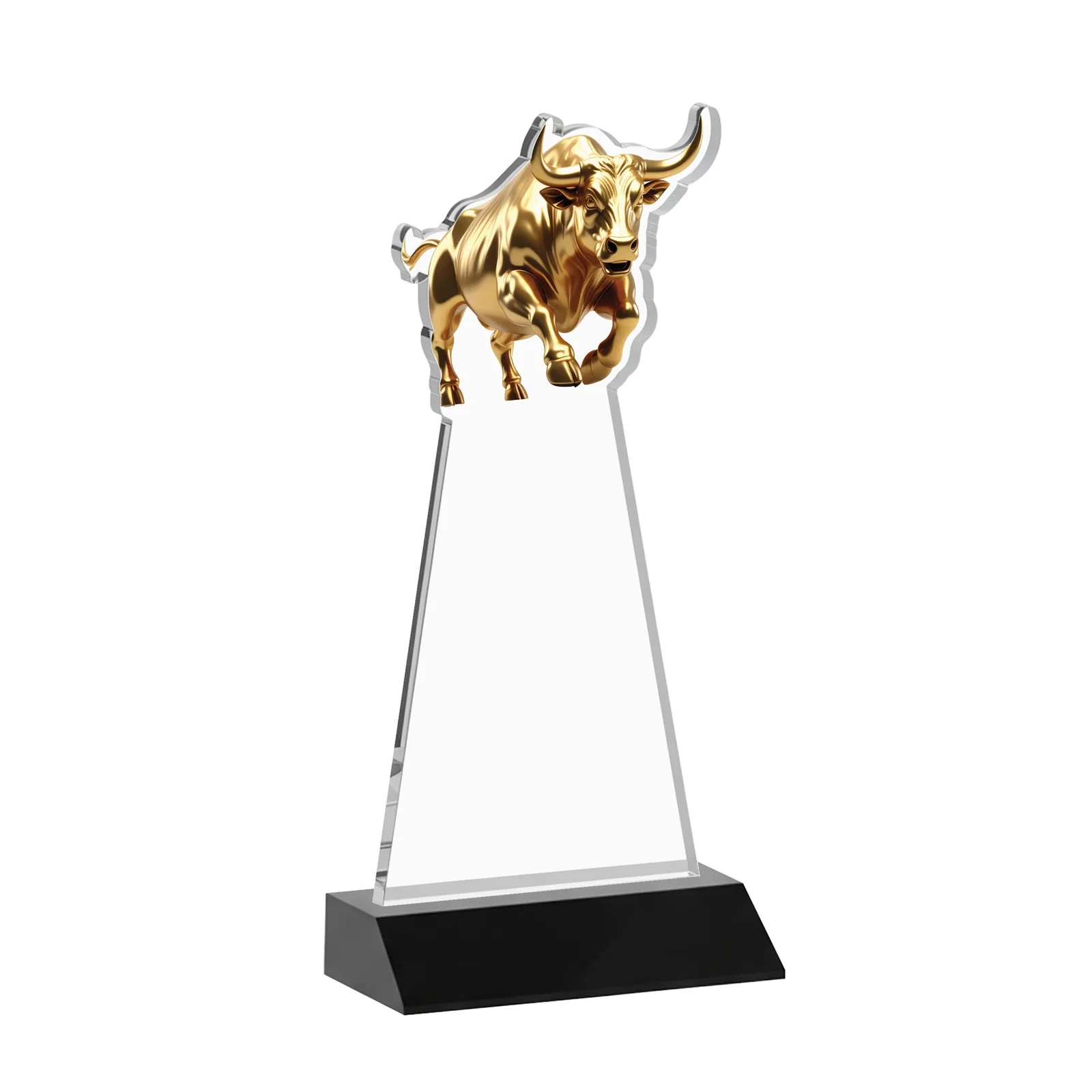 Custom engraved Starfire Crystal Award With a Gold Bull Cutout on a Mitered-Front Base, awards for company anniversary events