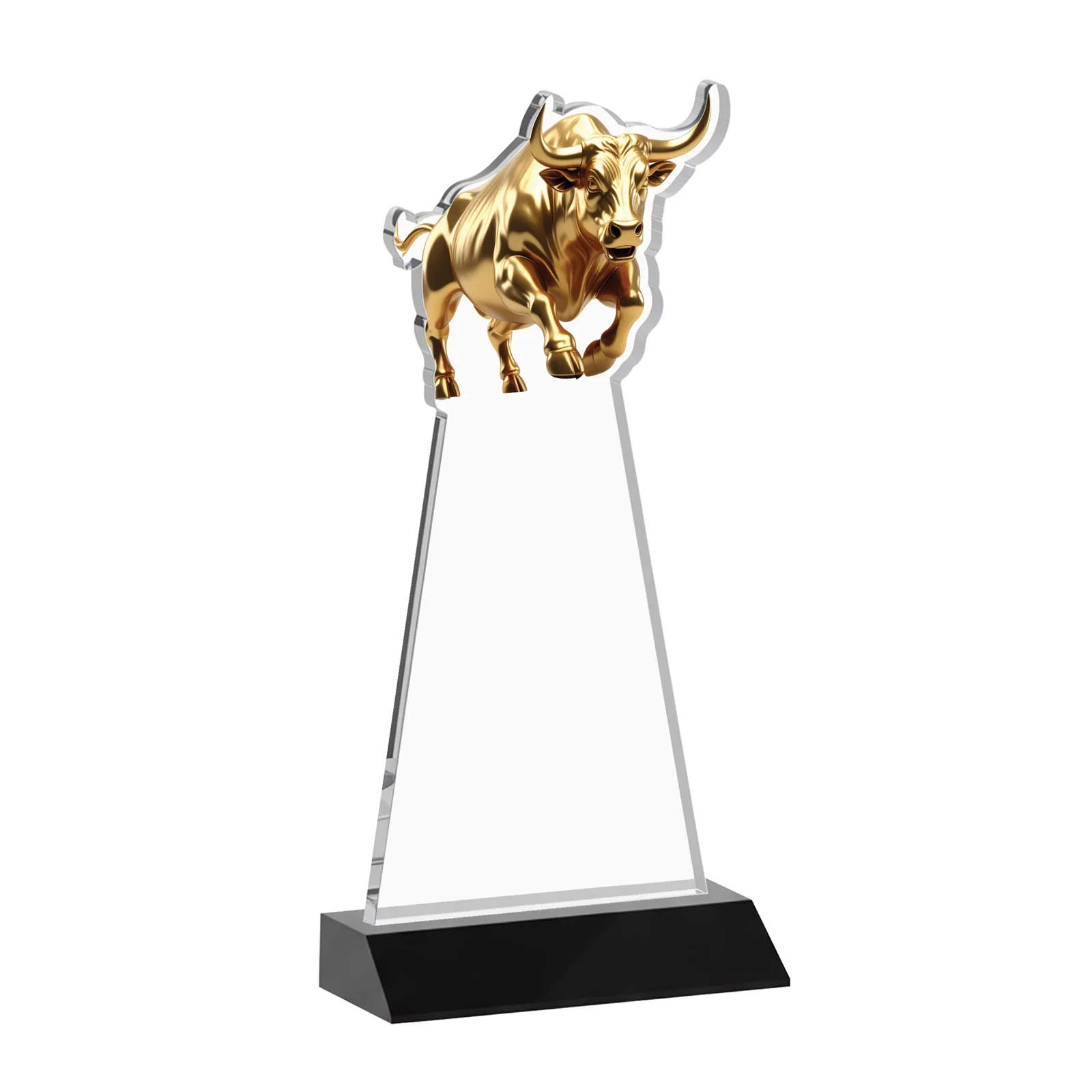 Custom Starfire Crystal Award With a Gold Bull Cutout on a Mitered-Front Base, awards, with your logo for employee recognition