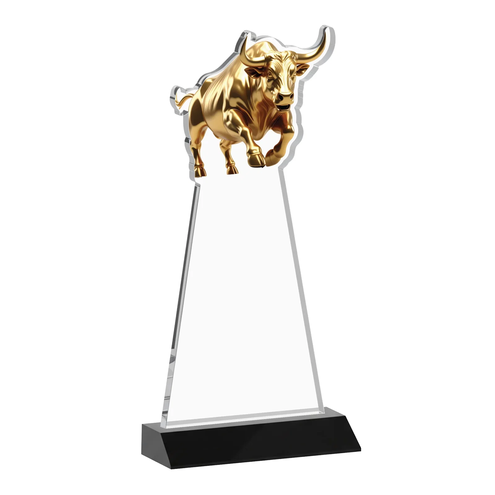 Custom Starfire Crystal Award With a Gold Bull Cutout on a Mitered-Front Base, awards, with your logo for corporate award ceremonies