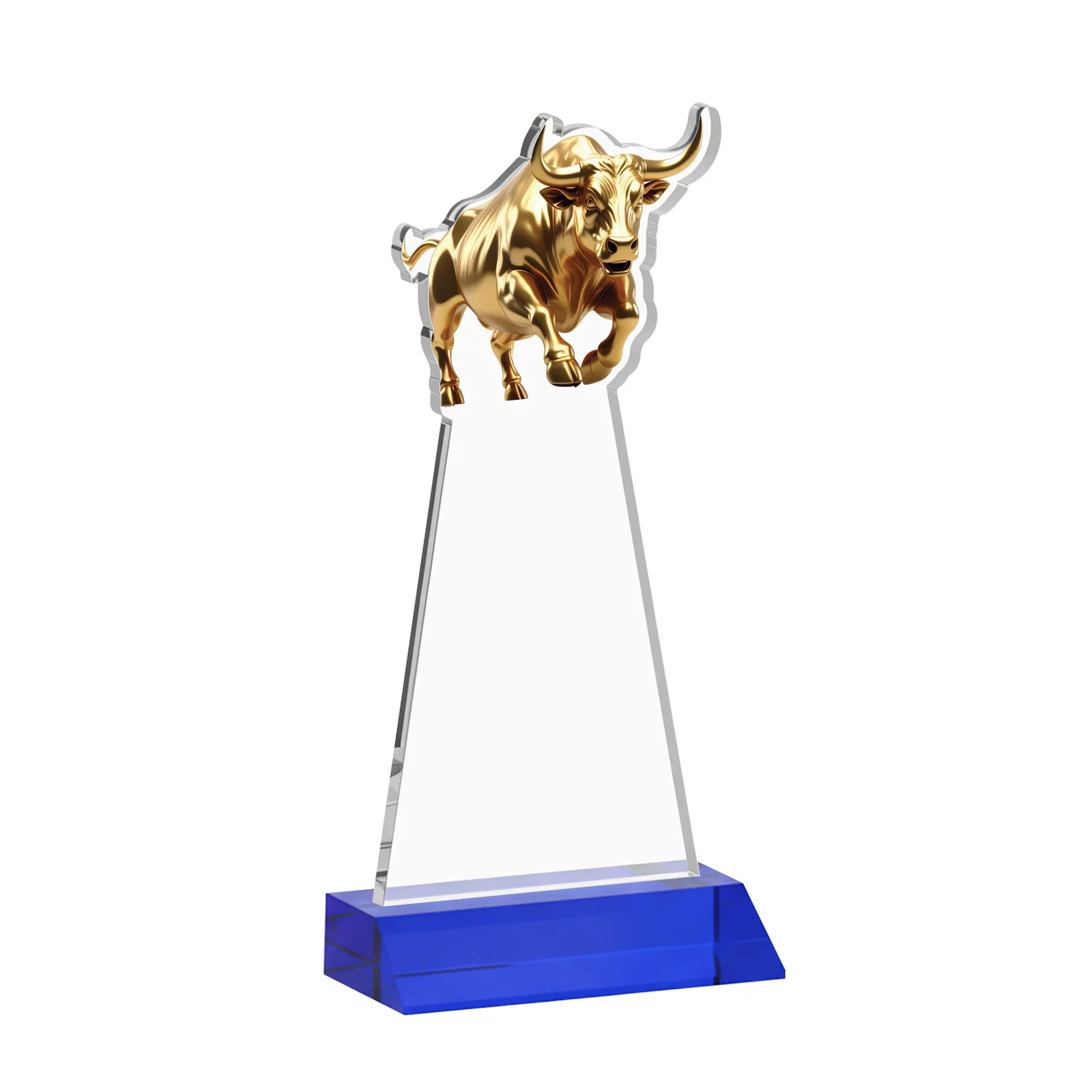 Custom Starfire Crystal Award With a Gold Bull Cutout on a Mitered-Front Base, awards, with your logo for service anniversary gifts