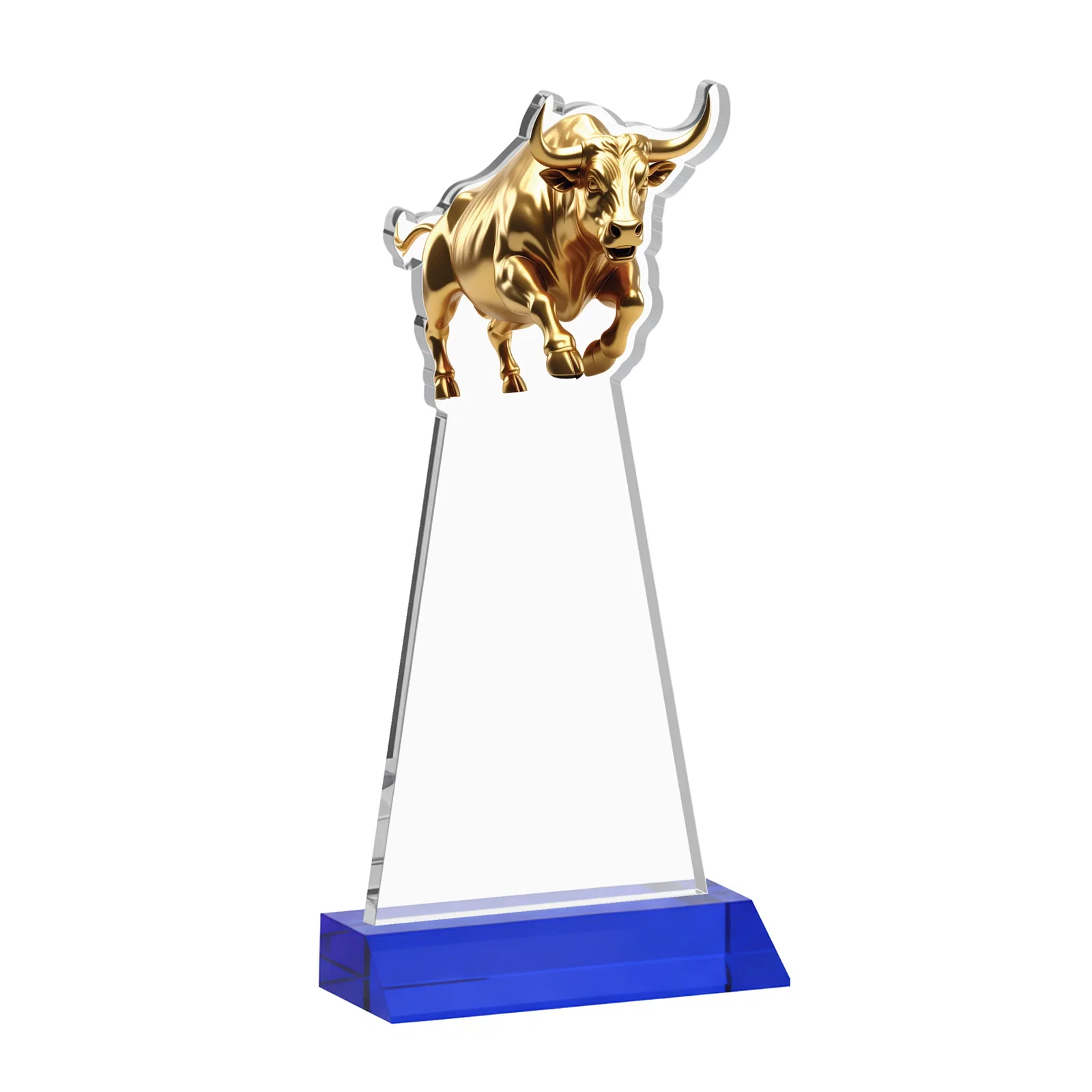 Custom Starfire Crystal Award With a Gold Bull Cutout on a Mitered-Front Base, awards, with your logo for sales achievement awards