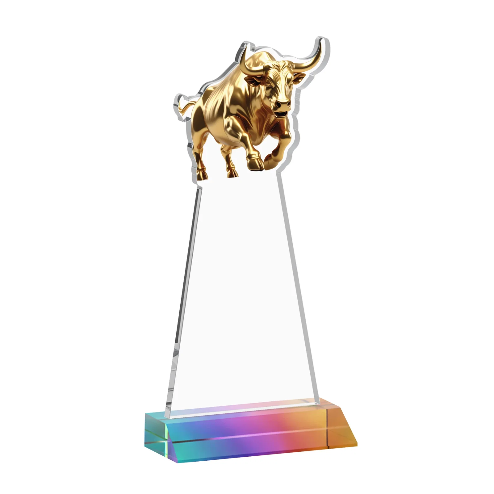 Custom Starfire Crystal Award With a Gold Bull Cutout on a Mitered-Front Base, awards, with your logo for donor appreciation