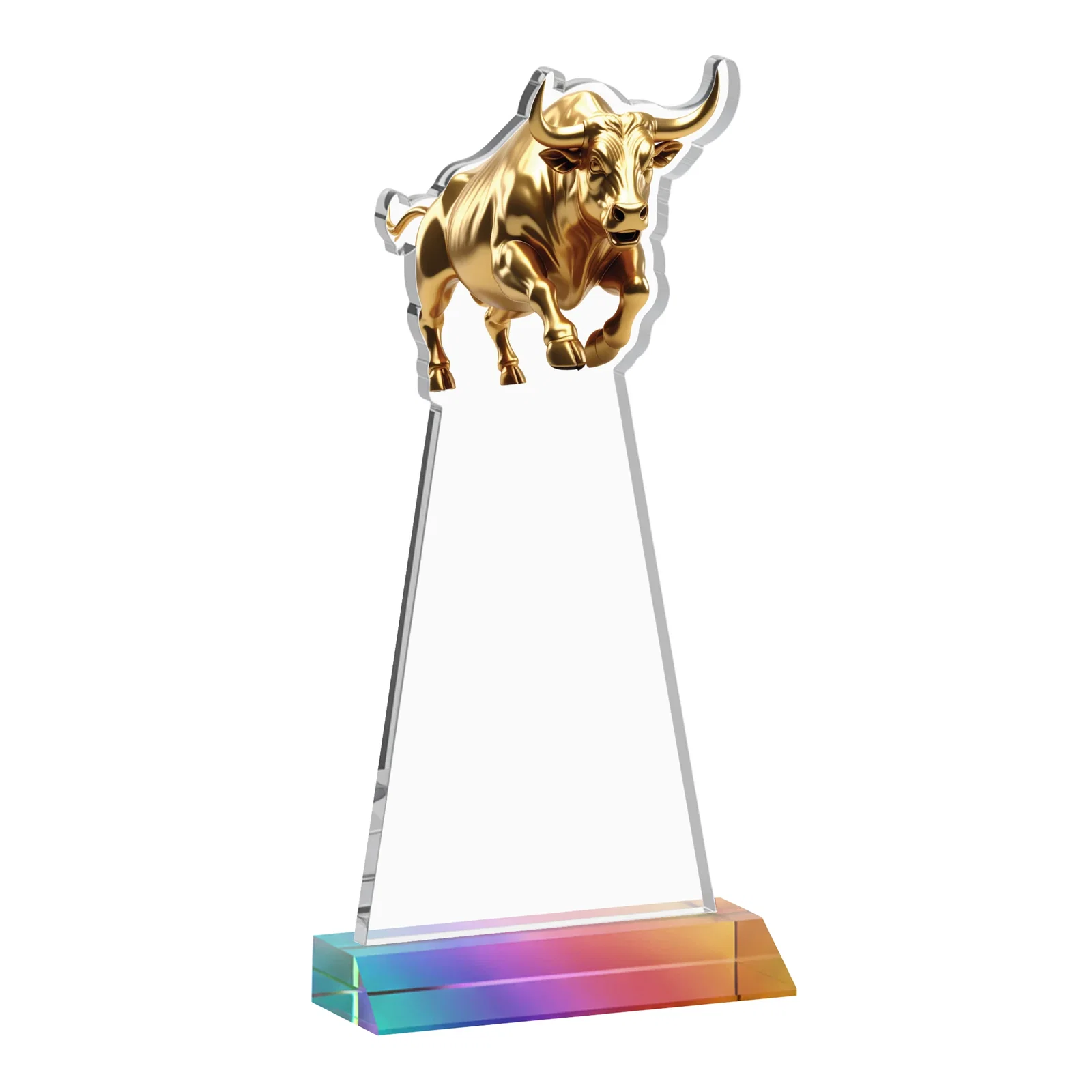 Custom Starfire Crystal Award With a Gold Bull Cutout on a Mitered-Front Base, awards, with your logo for graduation ceremonies