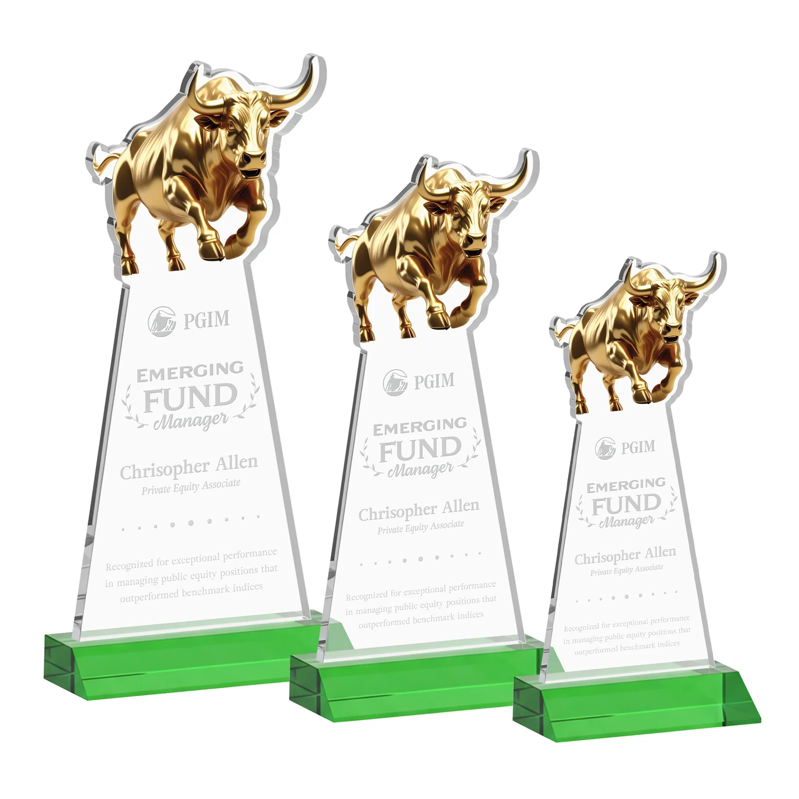 Custom Starfire Crystal Award With a Gold Bull Cutout on a Mitered-Front Base, awards for volunteer appreciation