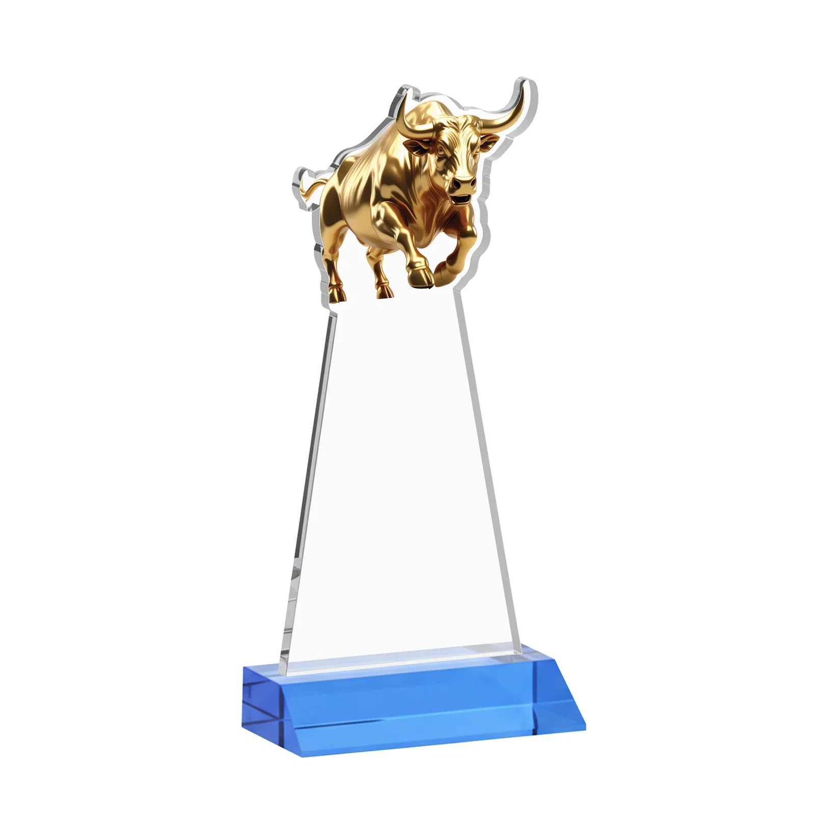 Custom Starfire Crystal Award With a Gold Bull Cutout on a Mitered-Front Base, awards, with your logo for company anniversary events