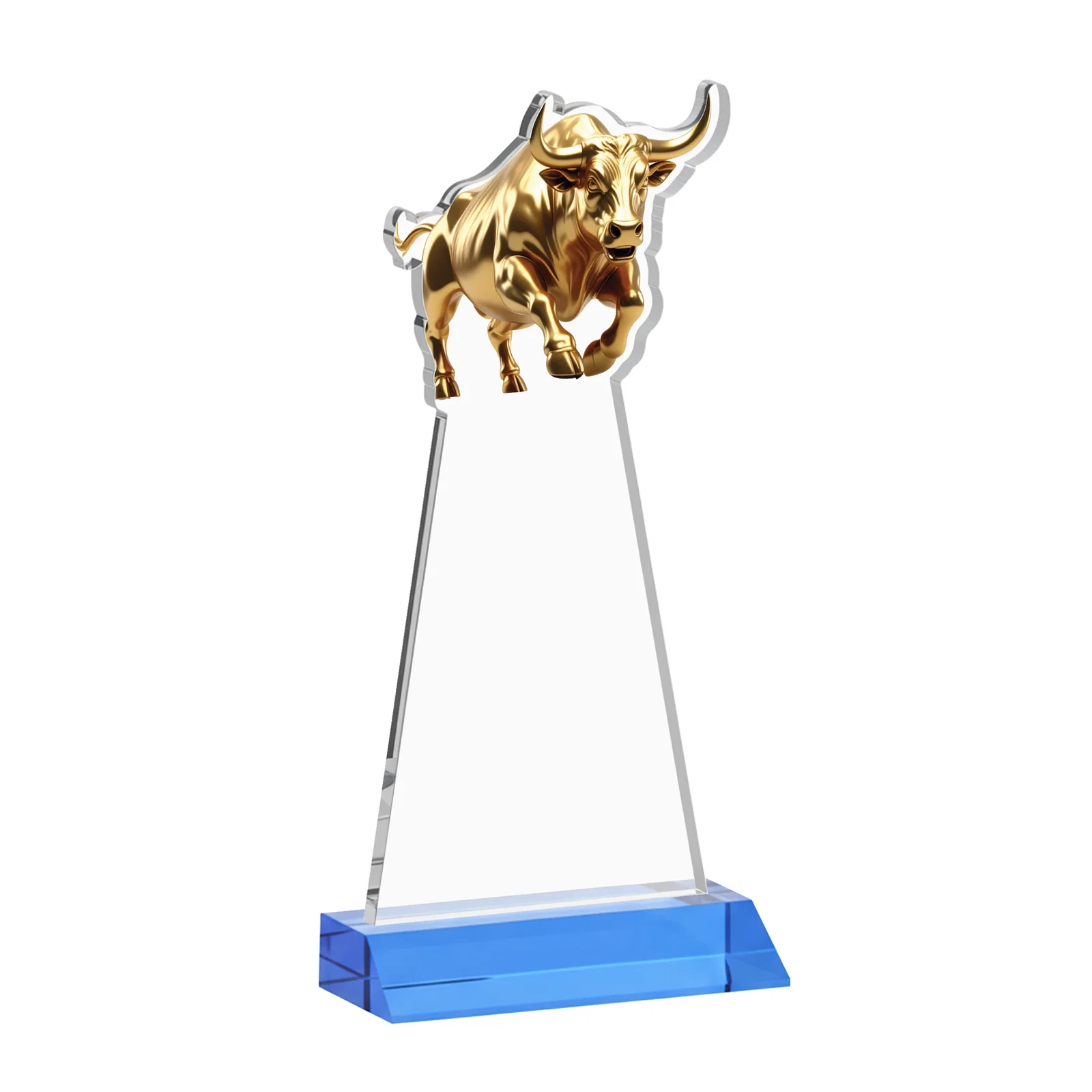 Personalized Starfire Crystal Award With a Gold Bull Cutout on a Mitered-Front Base, awards, with your logo for employee recognition