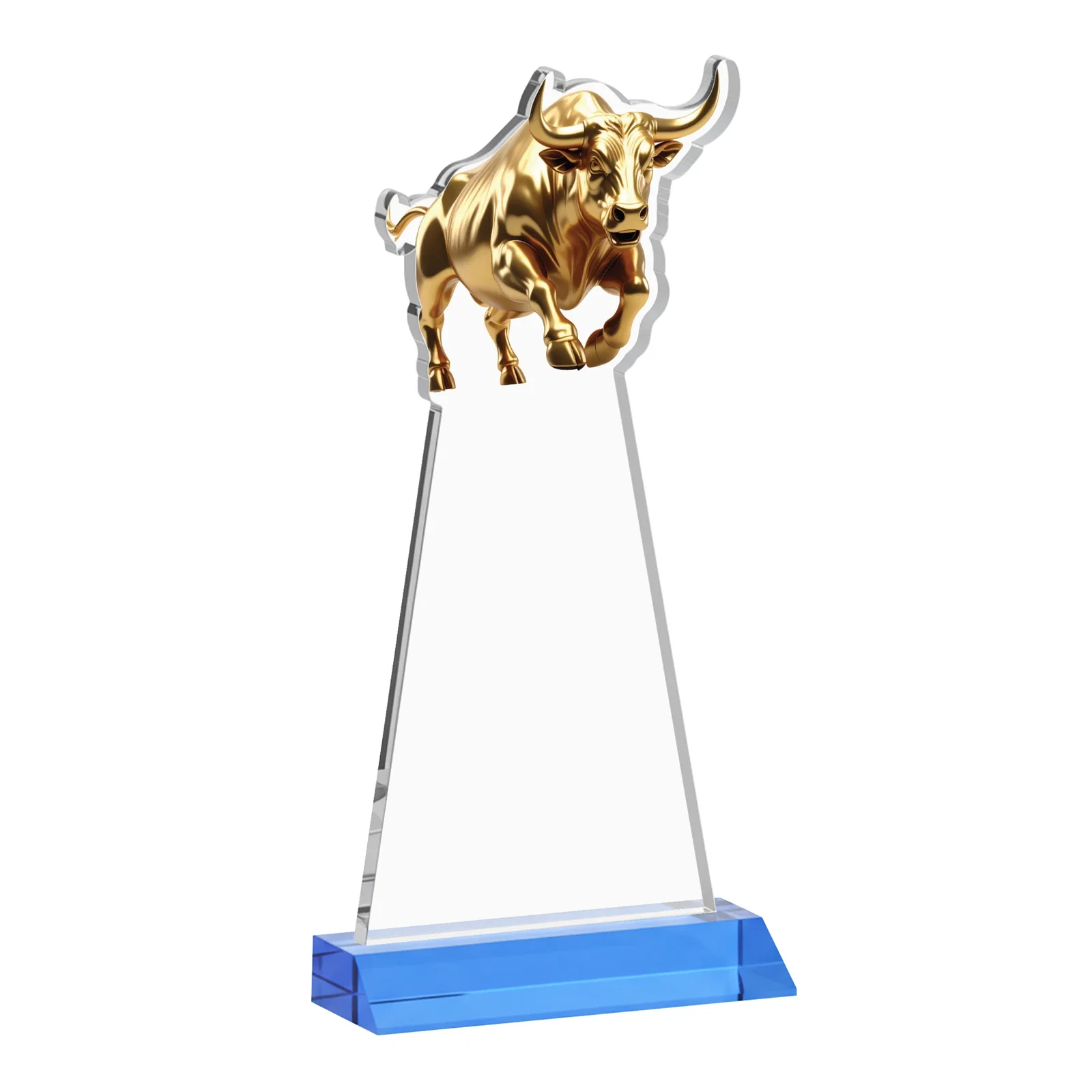 Personalized Starfire Crystal Award With a Gold Bull Cutout on a Mitered-Front Base, awards, with your logo for corporate award ceremonies