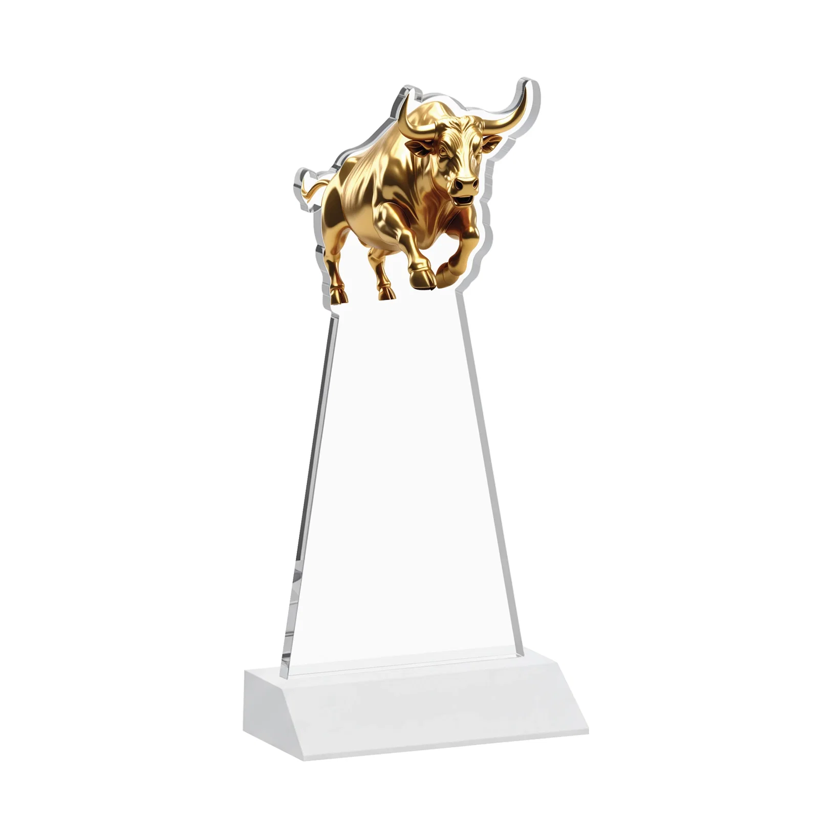 Personalized Starfire Crystal Award With a Gold Bull Cutout on a Mitered-Front Base, awards, with your logo for service anniversary gifts
