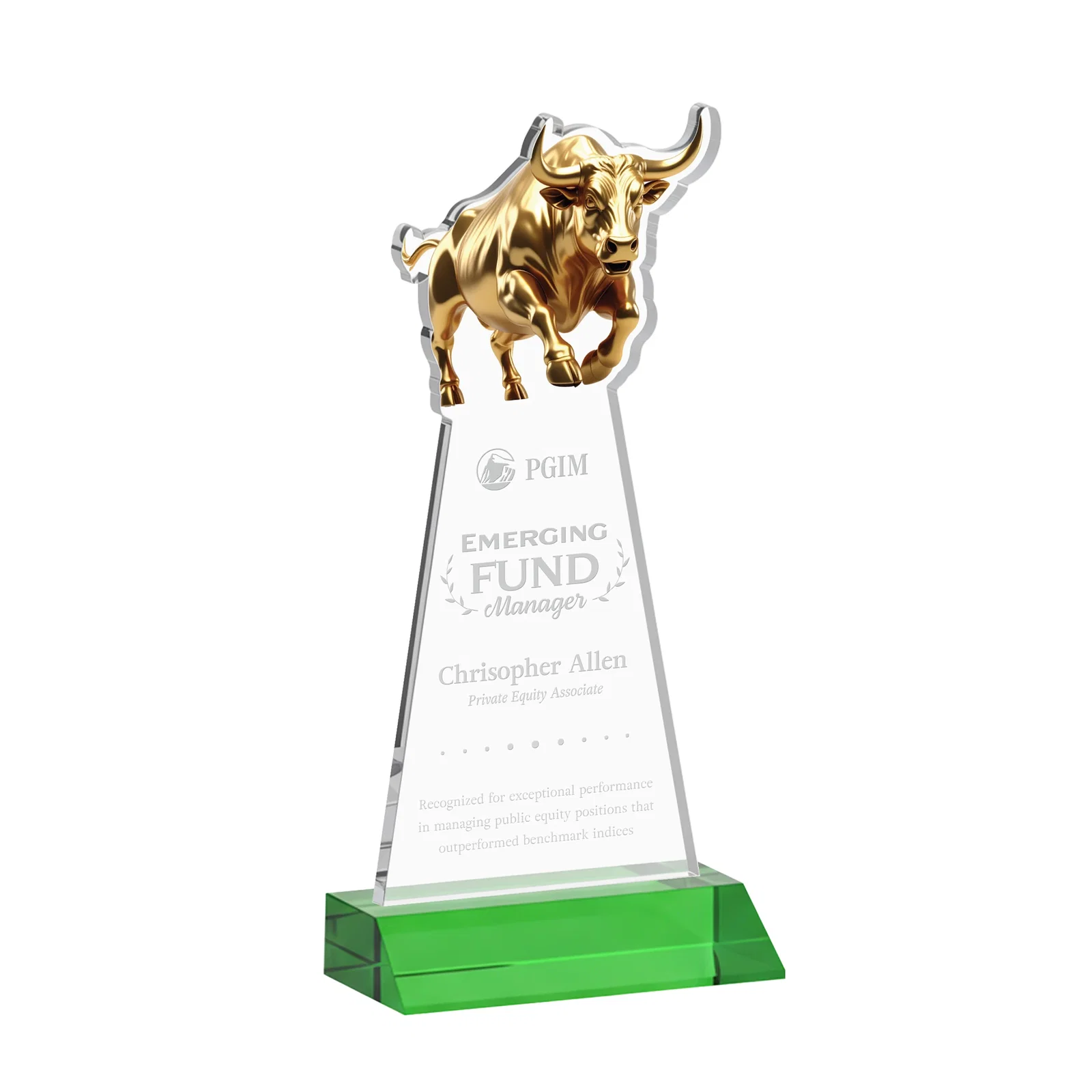 Custom Starfire Crystal Award With a Gold Bull Cutout on a Mitered-Front Base, awards for dealer and partner awards