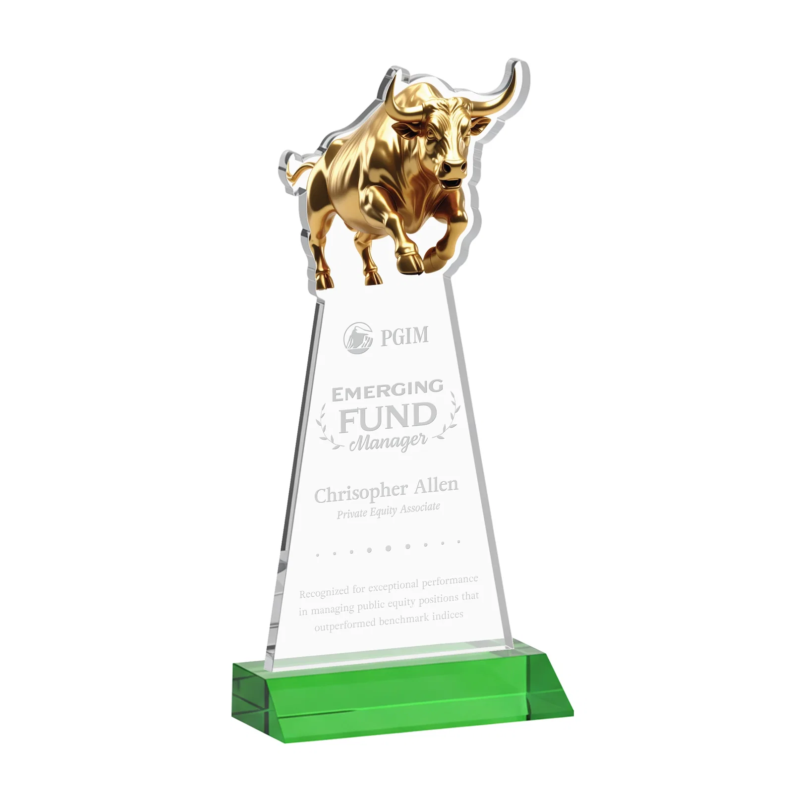 Custom Starfire Crystal Award With a Gold Bull Cutout on a Mitered-Front Base, awards for company anniversary events