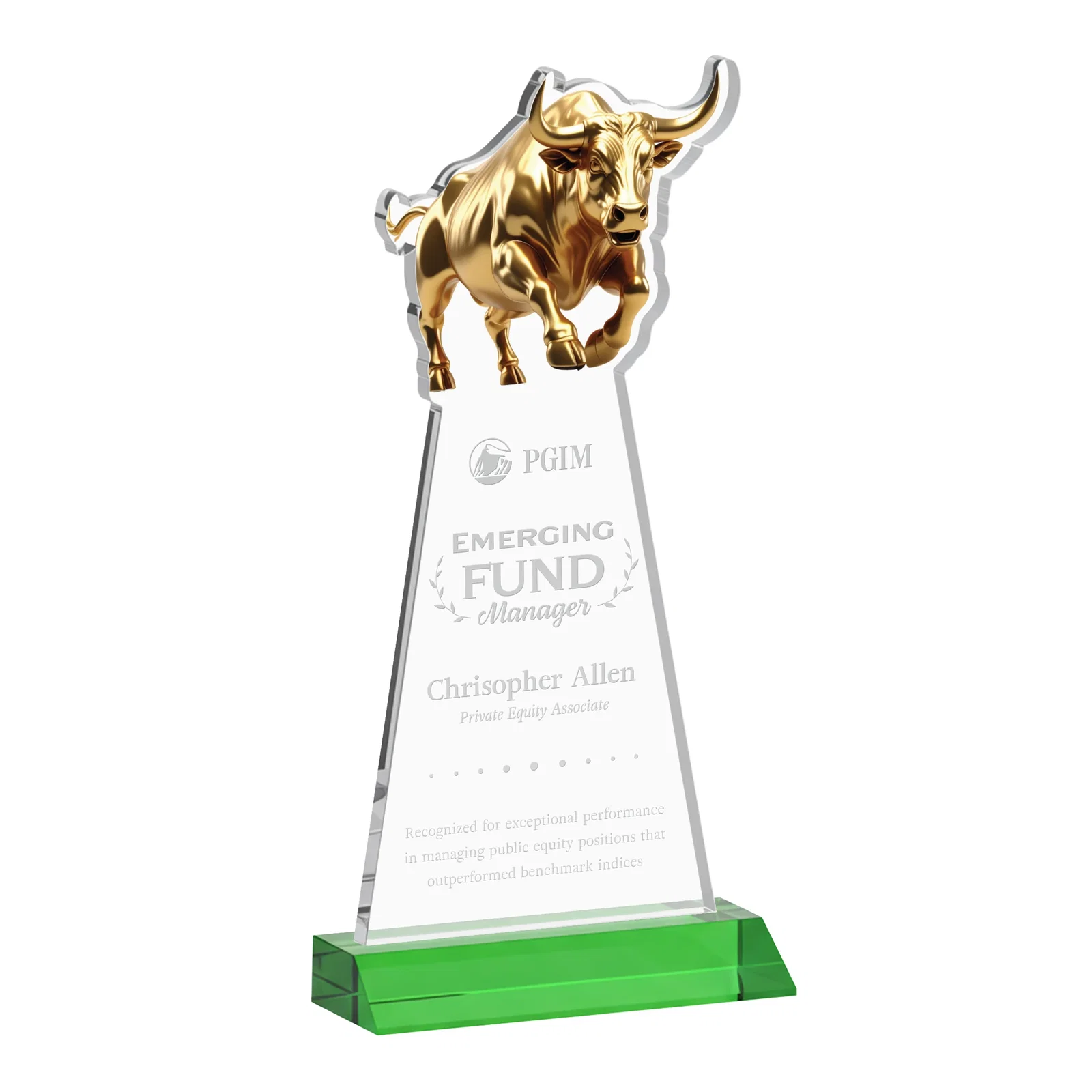 Personalized Starfire Crystal Award With a Gold Bull Cutout on a Mitered-Front Base, awards for employee recognition