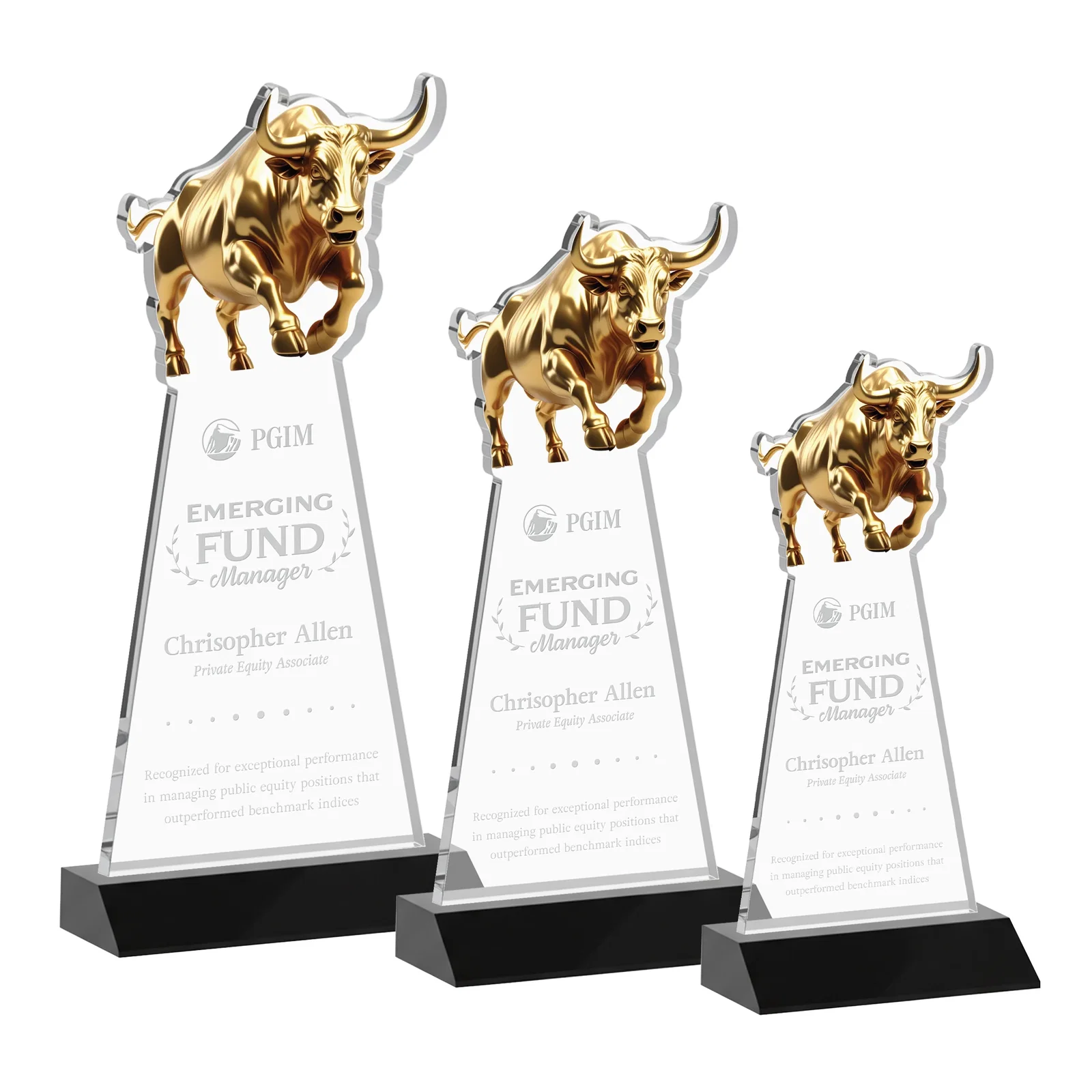 Personalized Starfire Crystal Award With a Gold Bull Cutout on a Mitered-Front Base, awards for corporate award ceremonies