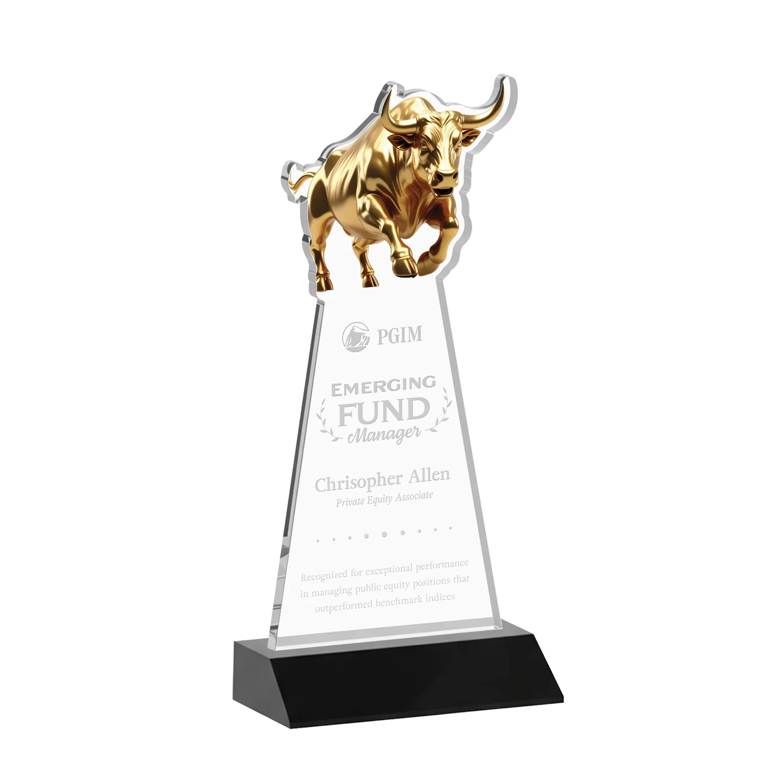 Personalized Starfire Crystal Award With a Gold Bull Cutout on a Mitered-Front Base, awards for service anniversary gifts