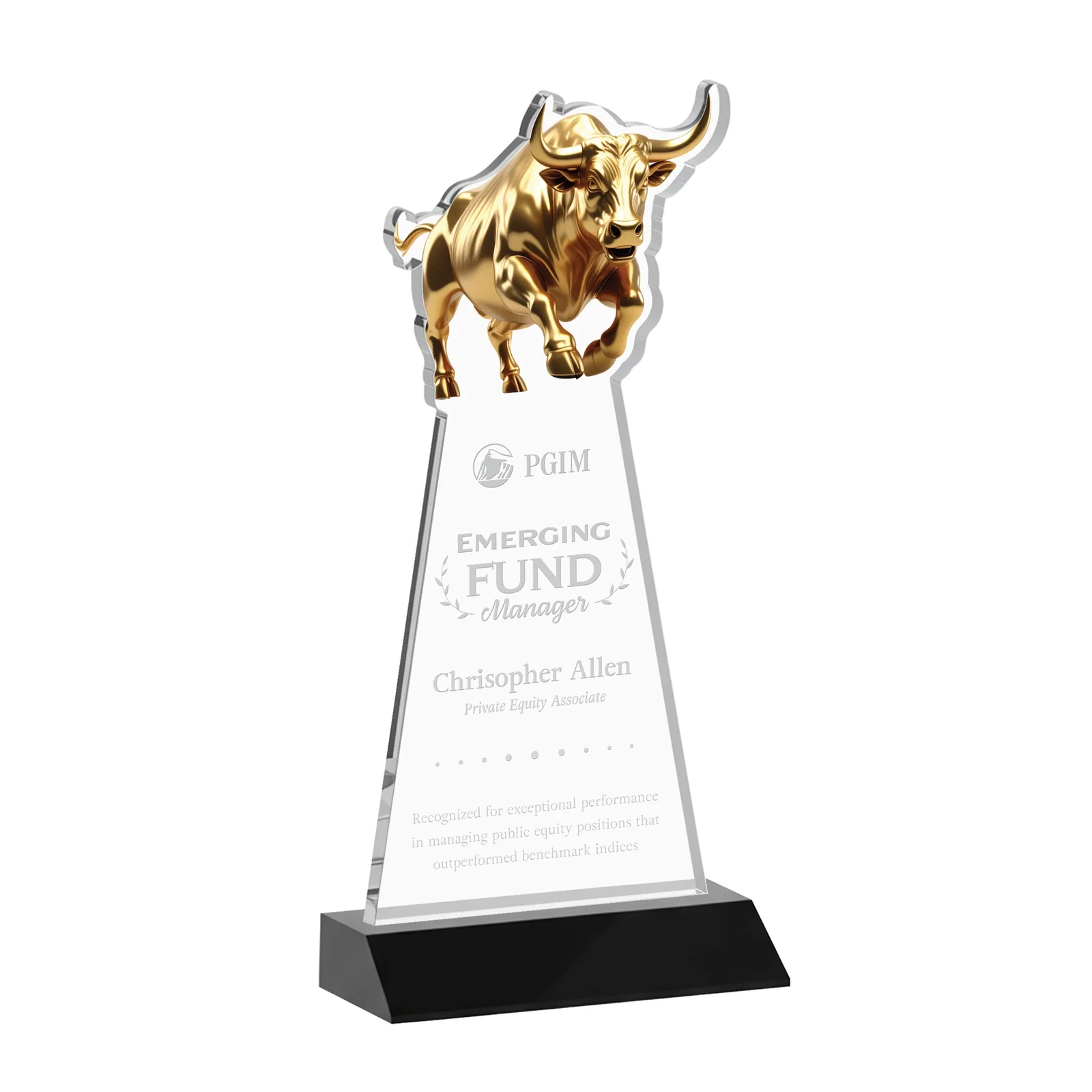 Personalized Starfire Crystal Award With a Gold Bull Cutout on a Mitered-Front Base, awards for sales achievement awards
