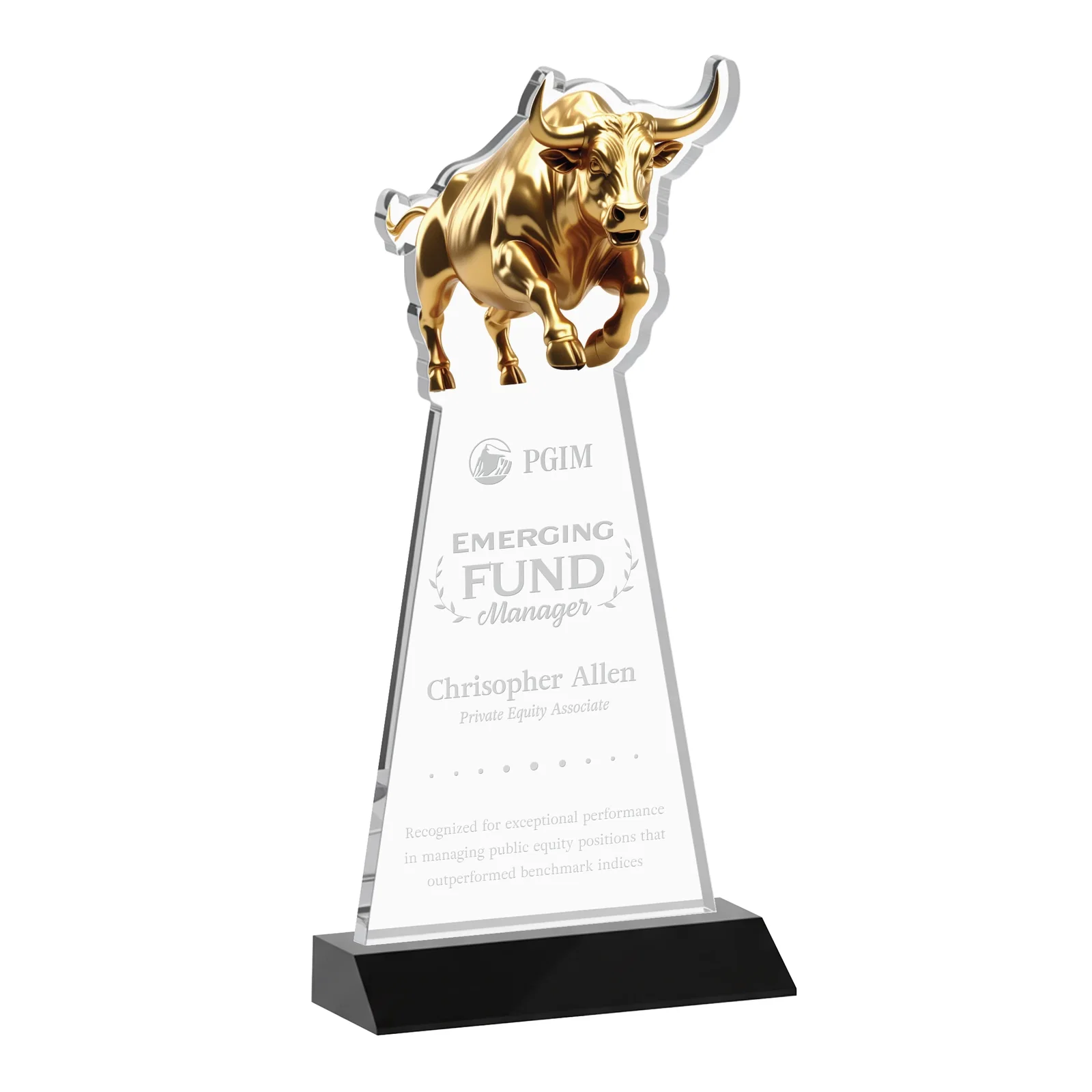 Personalized Starfire Crystal Award With a Gold Bull Cutout on a Mitered-Front Base, awards for retirement presentations